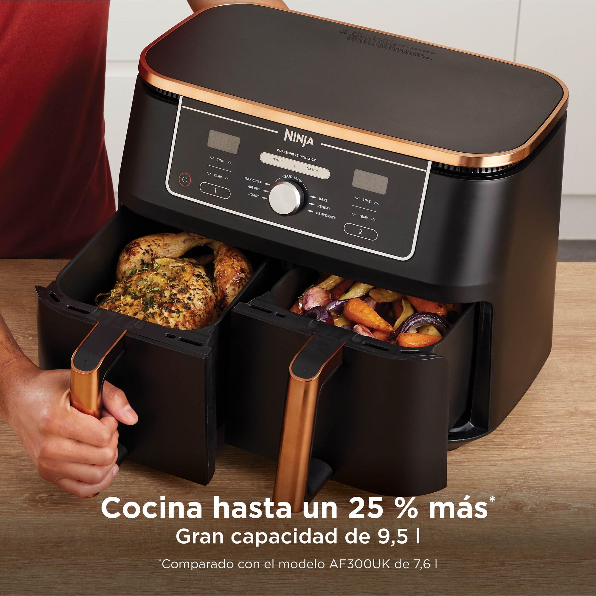 Ninja Foodi MAX Freidora de aire con compartimento doble, 9,6 l, 6 en 1, no usa aceite, Max Crisp, Asar, Hornear y más, pinzas, 8 porciones, cestas antiadherentes, en cobre y negro, AF400EUCP