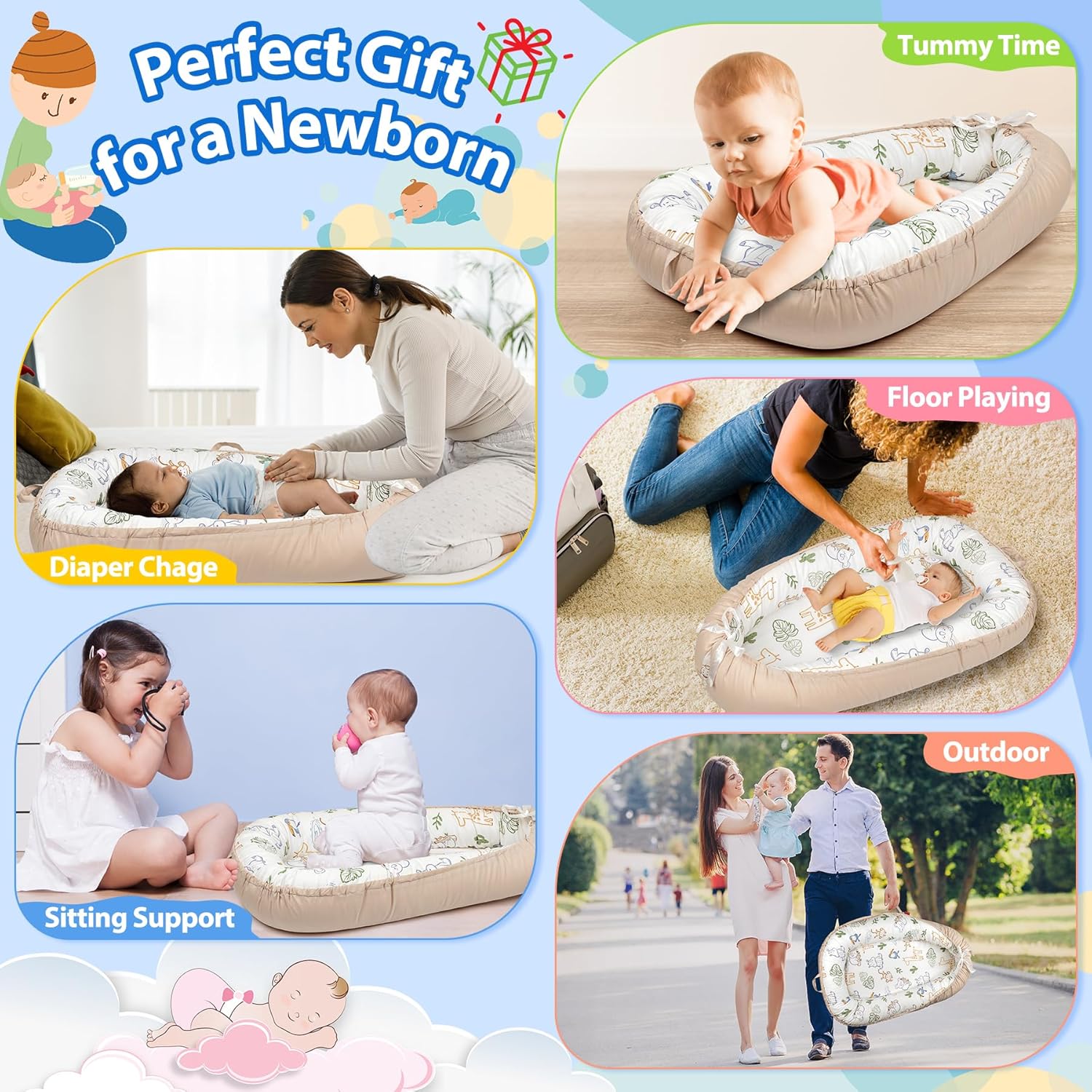 BUTOA Baby Lounger - Breathable & Soft Baby Nest, Portable and Lightweight Tummy Time Lounger for Home and Travel, Ideal Newborn Babies Essentials Baby Shower Gifts