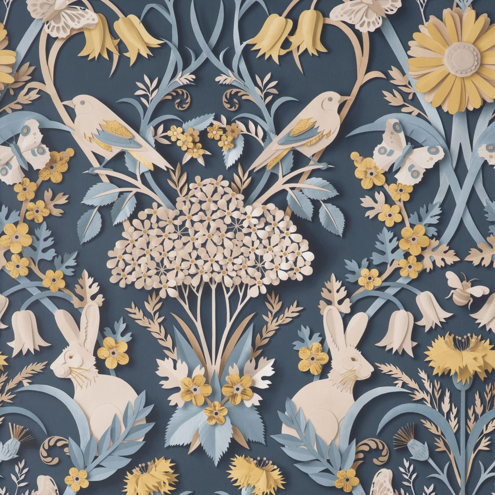 Yöl Navy Sample ** Sample Fine Decor Navy Rabbit Butterfly Luxury Woodland Paste The Paper Wallpaper