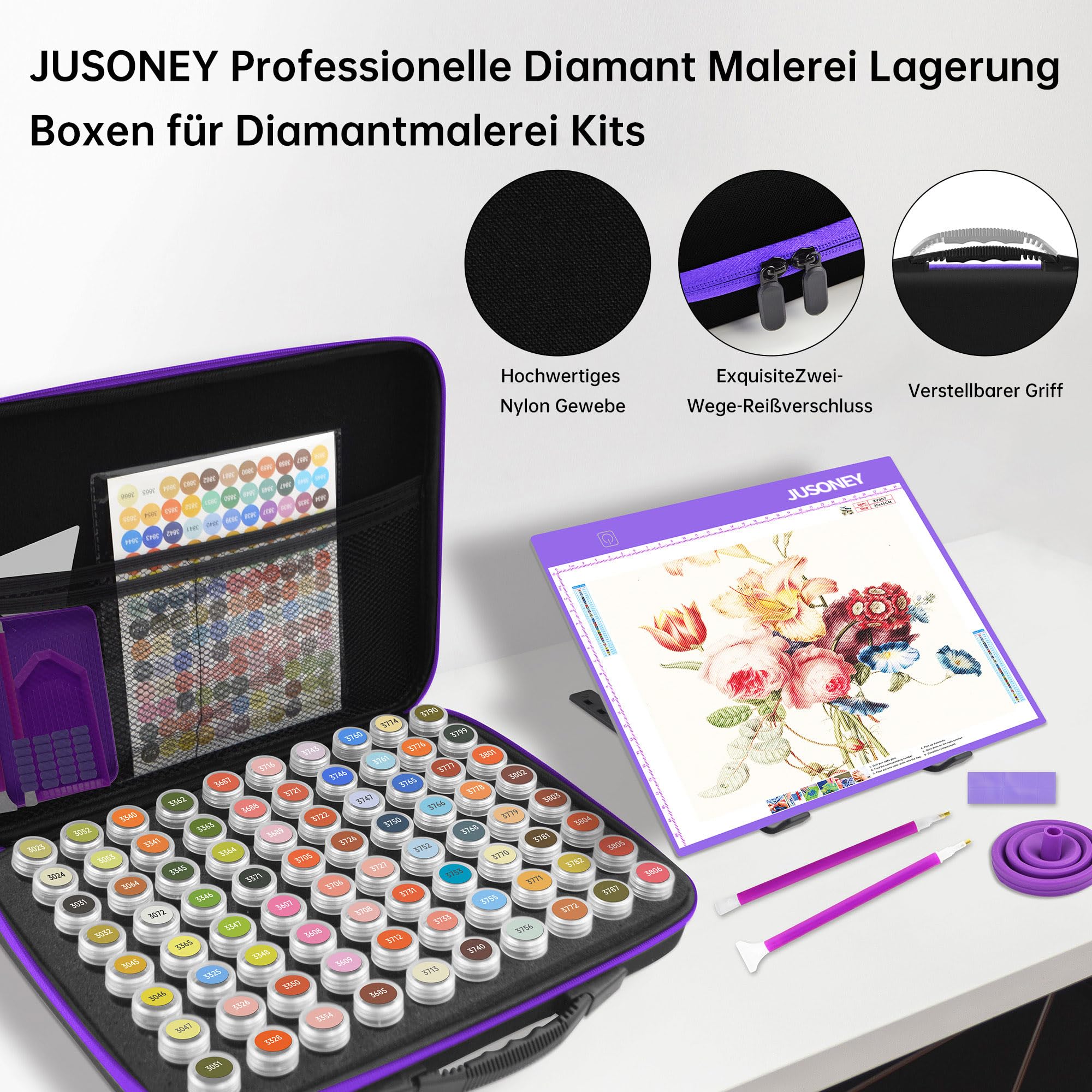 JUSONEY Diamond Painting Pudełka do przechowywania, 1 Diamond Painting A4 Tracing Lightpad z 3 Jasnością 80 gniazd Koraliki Przechowywanie z 5D Diamond Painting Akcesoria i zestaw narzędzi, fioletowy