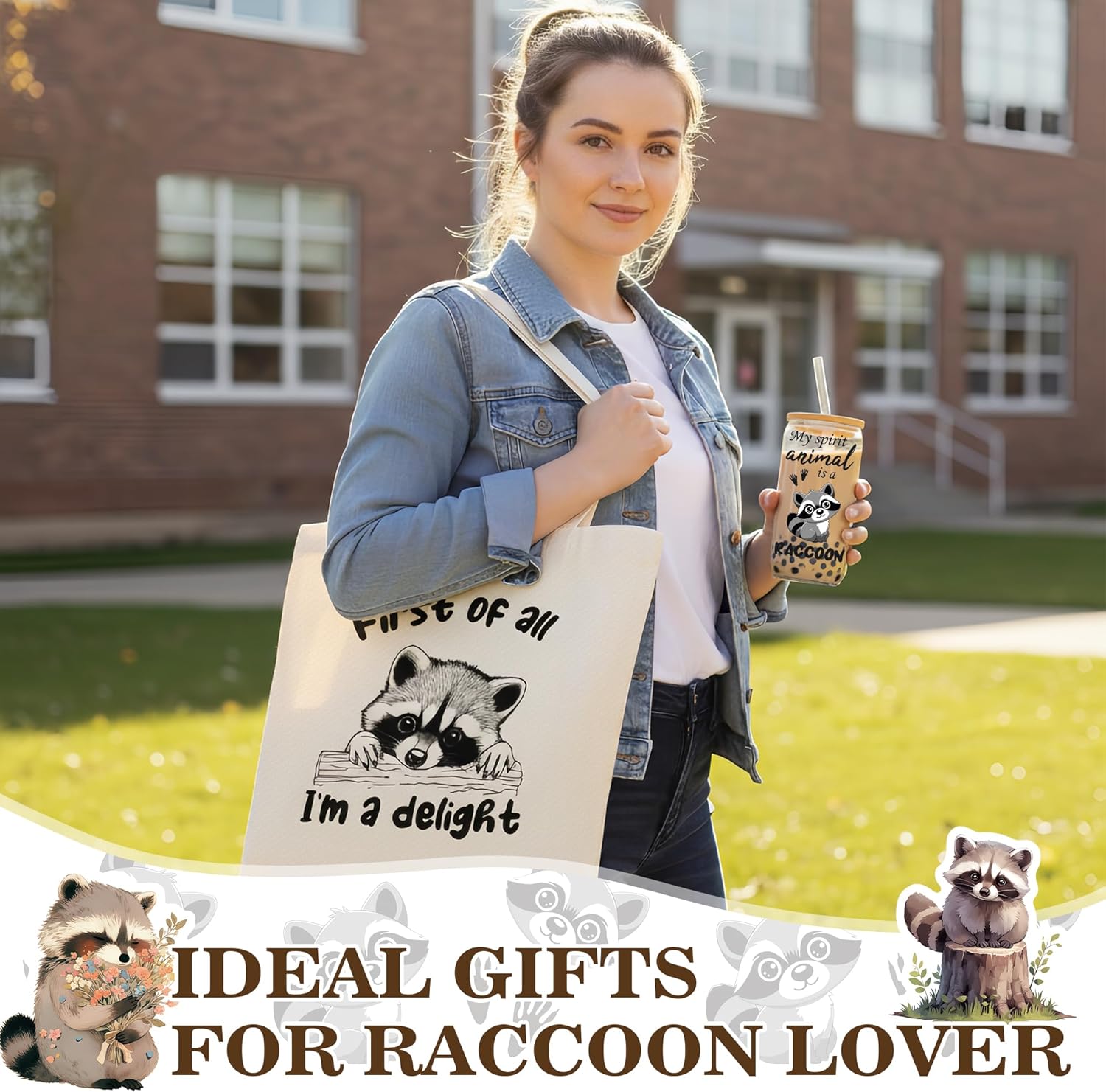 Raccoon Gifts for Women, Raccoon Lovers Gift Set with Glass Cup, Canvas Tote Bag, Hand Towel, Cozy Socks, Stickers & Greeting Card, Cute Raccoon Accessories for Birthday Christmas - Image 4