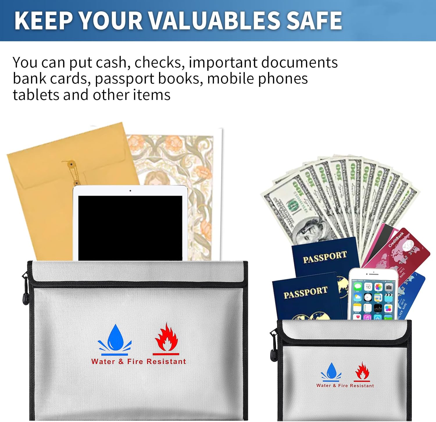 Fire-resistant document pouches, including a set of fire-resistant wallet security pouches, measuring 15 x 11 in and 9 x 7 in, with a non-irritating silicone coating, for Money, Documents and Passport