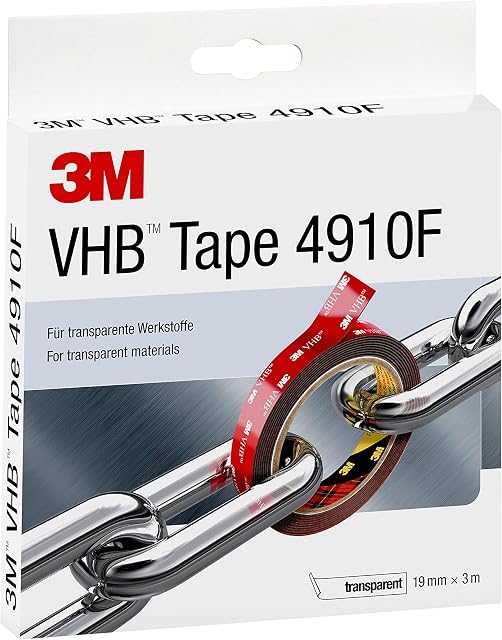 3M VHB 4910F Double Sided Adhesive Tape - Clear construction allowing joining of transparent material and virtually invisible bondline - 19mm x 3m, Thickness 1.0mm, Clear (1 Roll)