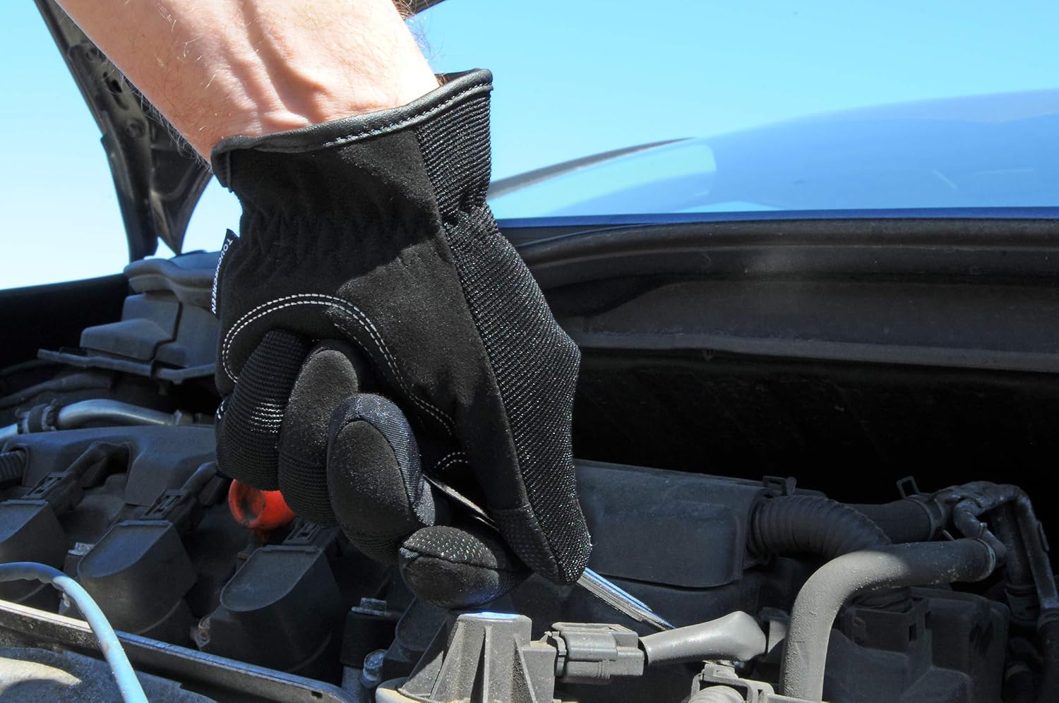 Touchscreen Mechanics Slip-on Gloves, Synthetic Suede Palm, Spandex Back, Black, Unlined