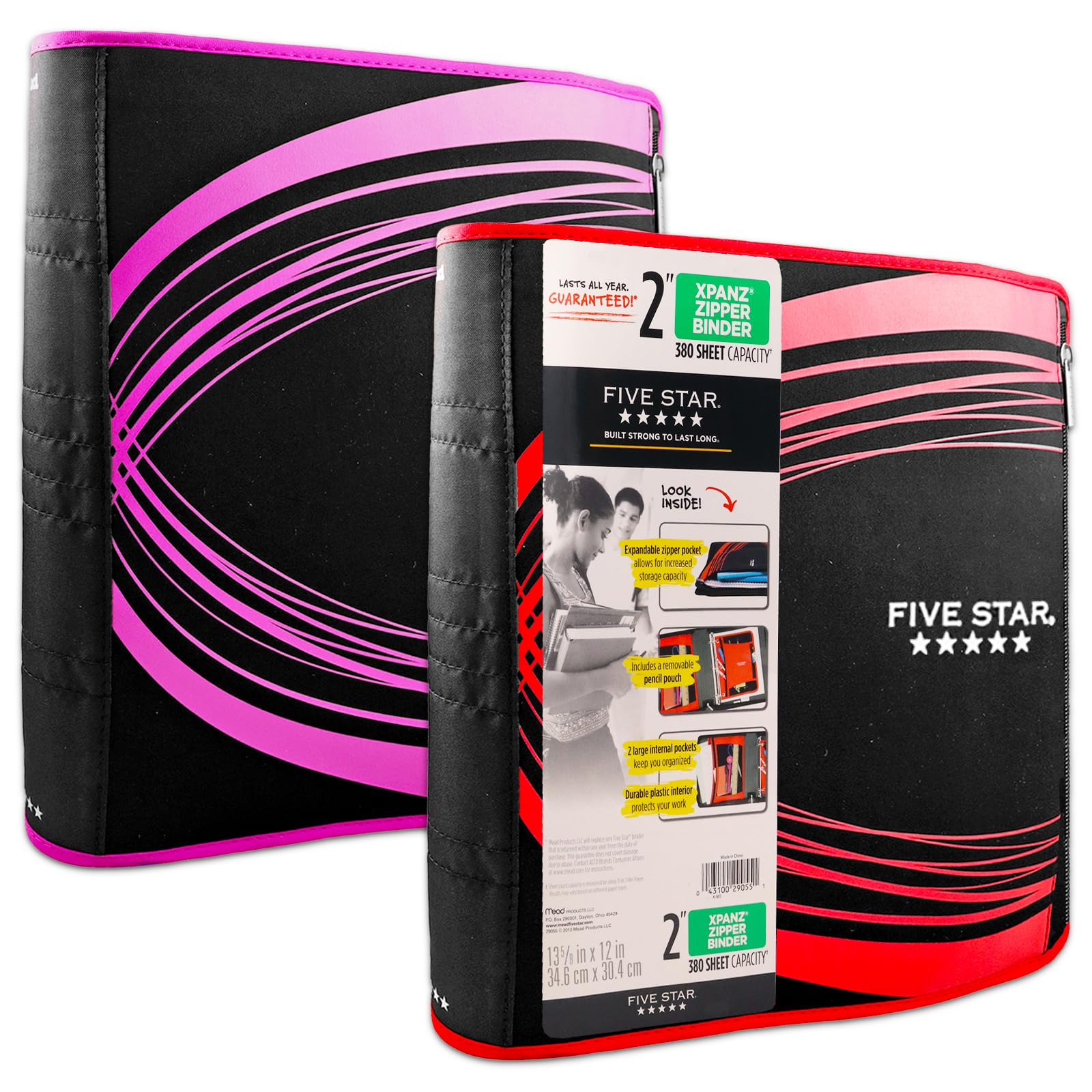 Five StarZipper Binder 2 Pack - Bundle with 2" Red and Purple 3 Ring Xpanz Binders with Expandable Zipper Pouch, Internal Pockets, More