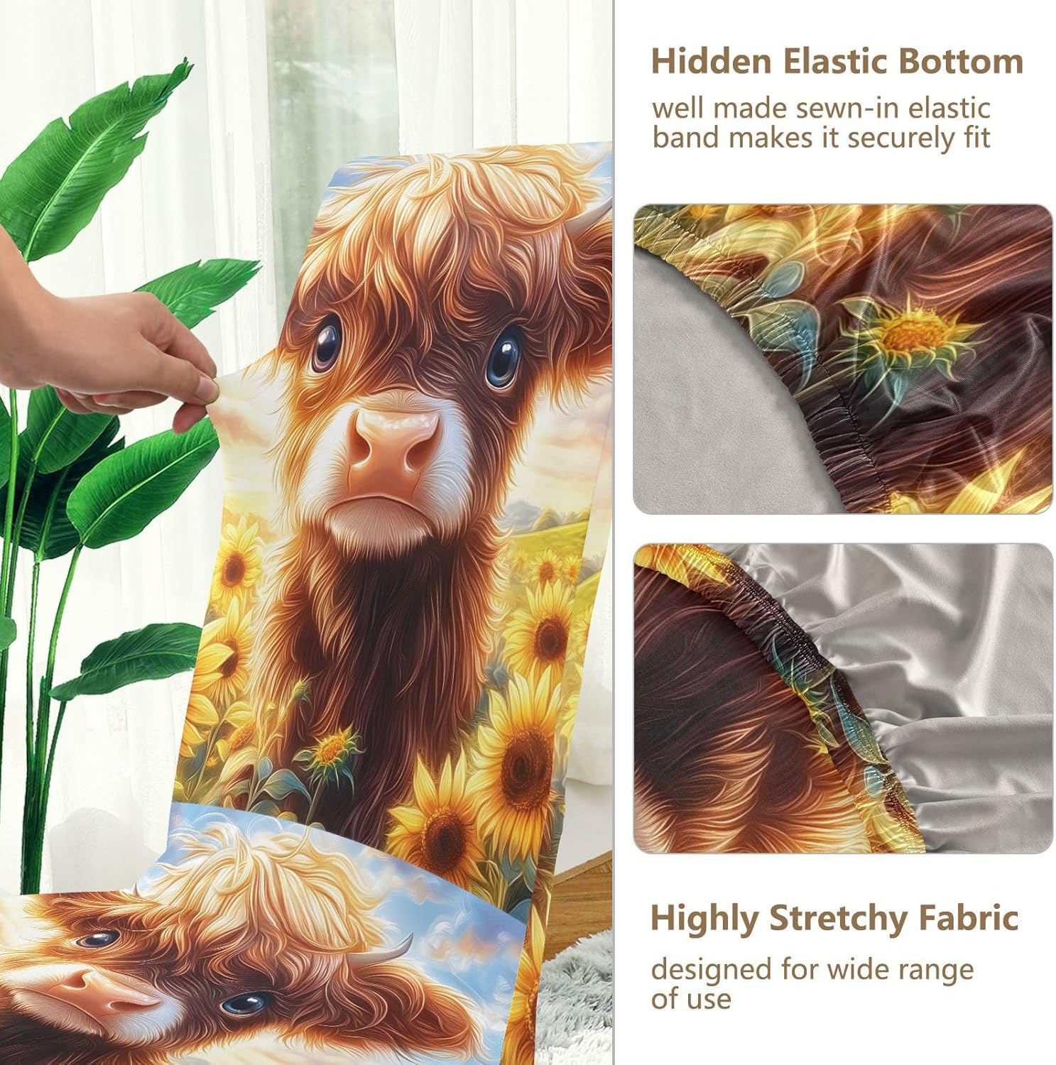 ALAZA Chair Covers for Dining Room, Highland Cow Sunflower Stretch Chair Cover Sets Chair Protector Removable Washable for Ktichen Restaurant Hotel