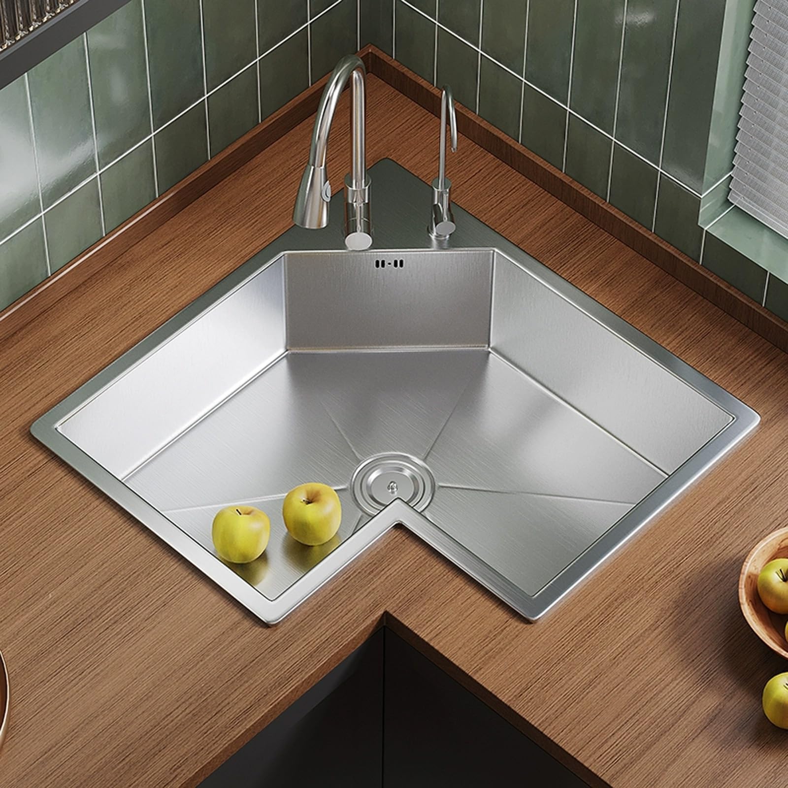 FCXWEVR L-Shaped Corner Kitchen Sink 304 Stainless Steel Multifunctional Sink with 360° Rotating Faucet - Ideal for Dishwashing & Vegetable Cleaning