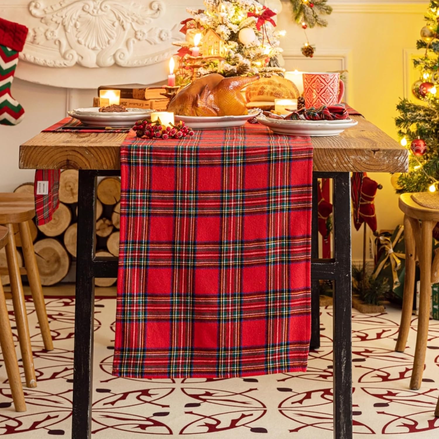 Red Green Plaid Christmas Table Runner, Winter Holiday Table Runners 72 inches long