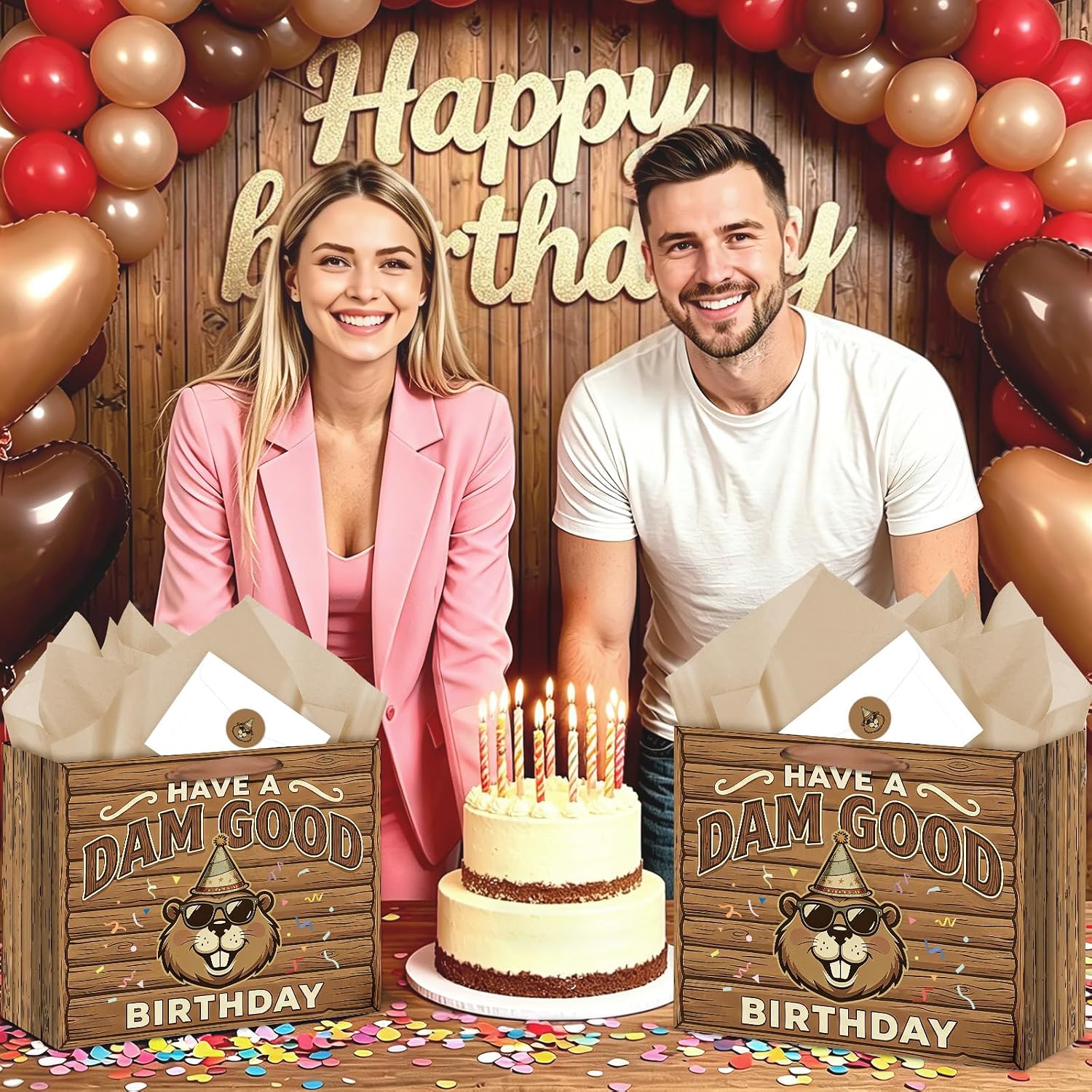 Dam Good Beaver Funny Birthday Gift Bag, Have a Dam Good Birthday All-in-One Set with Greeting Card, Sticker, Envelope & Brown Tissue Paper, Funny Beaver Theme Party Wrap for Men, Boys, Coworker, Best Friend