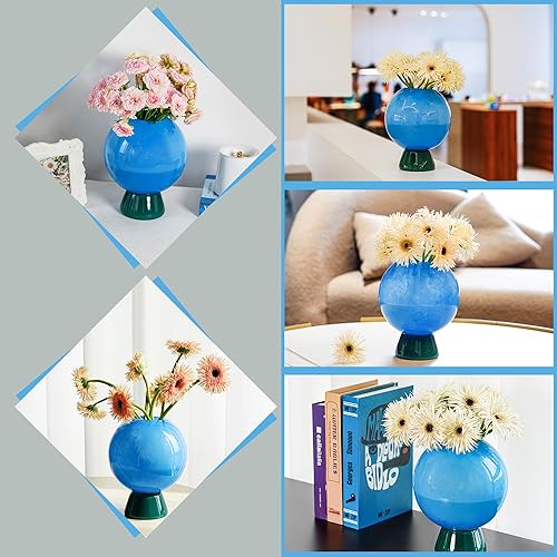 Miniatura 4 de Round Flower Vase 8 inch Blue Thickened Blown Glass Vase for Bookshelf,Dining Table,Indoor Office Desktop,Bathroom,Countertop,Home Christmas Day