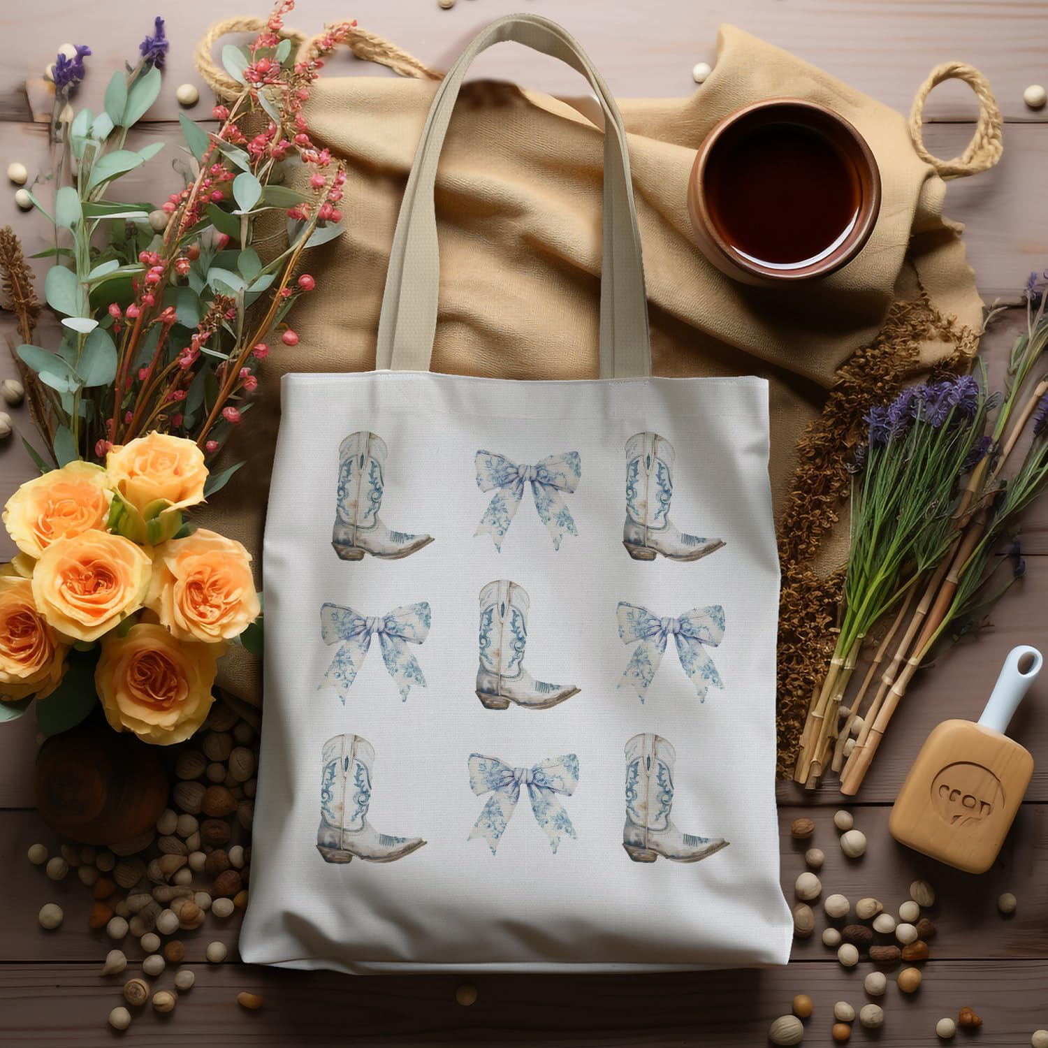 Coquette Blue Bow Western Tote Bag, Retro Blue Coastal Cowgirl Boots Canvas Tote Bags, Western Cowgirl Stuff Gifts for Women, Preppy Cowboy Reusable Grocery Shopping Bag - Image 5