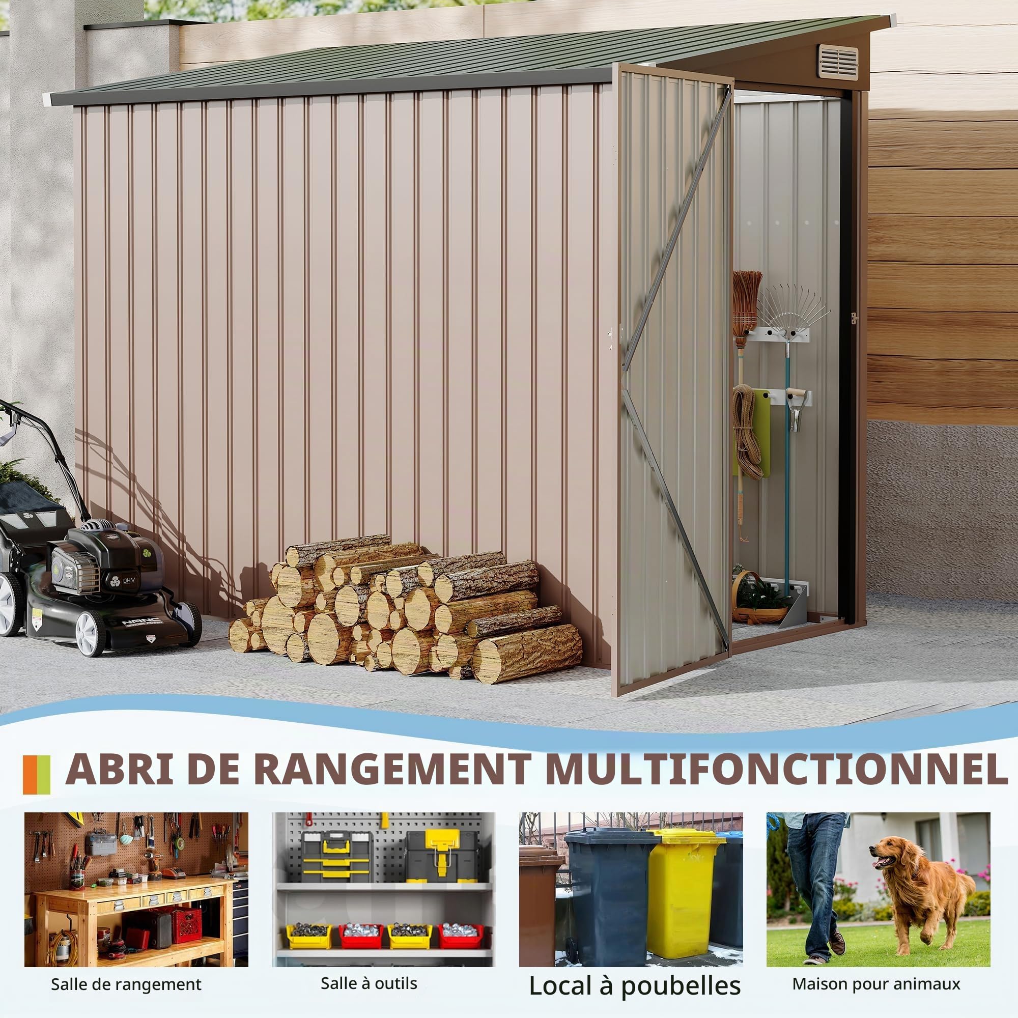 Garvee Abri De Jardin Métallique 1.2x2.4m, Remise Extérieure Adossée | Rangement Polyvalent pour Outils, Robuste Et Étanche, Poubelles Et Vélos, Idéal pour Terrasse Et Jardin