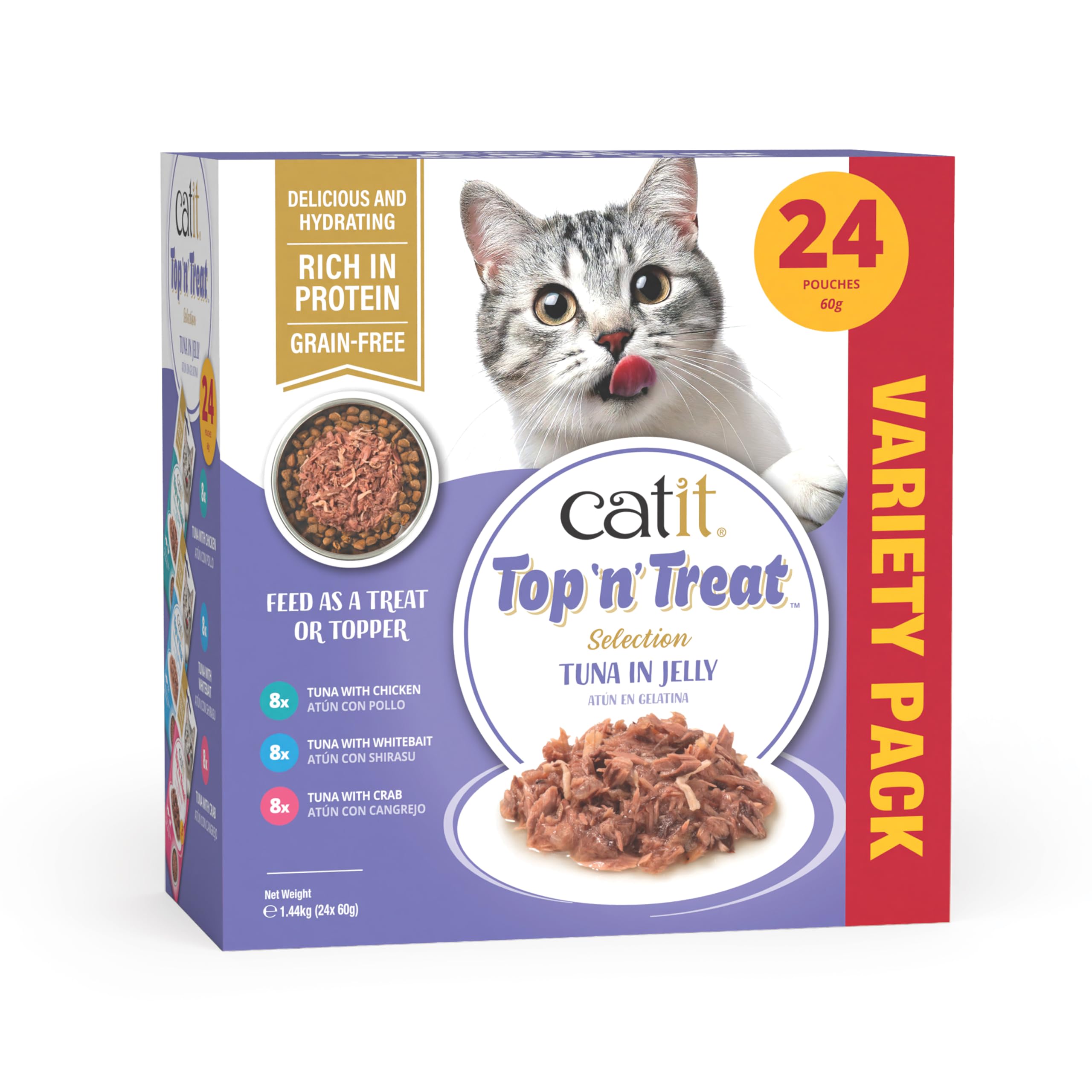 Catit Top N Treat, Wet/Dry Cat Food Topper, Grain-Free Cat Treat Topper, Tuna Flavour Variety Pack, 24x60g