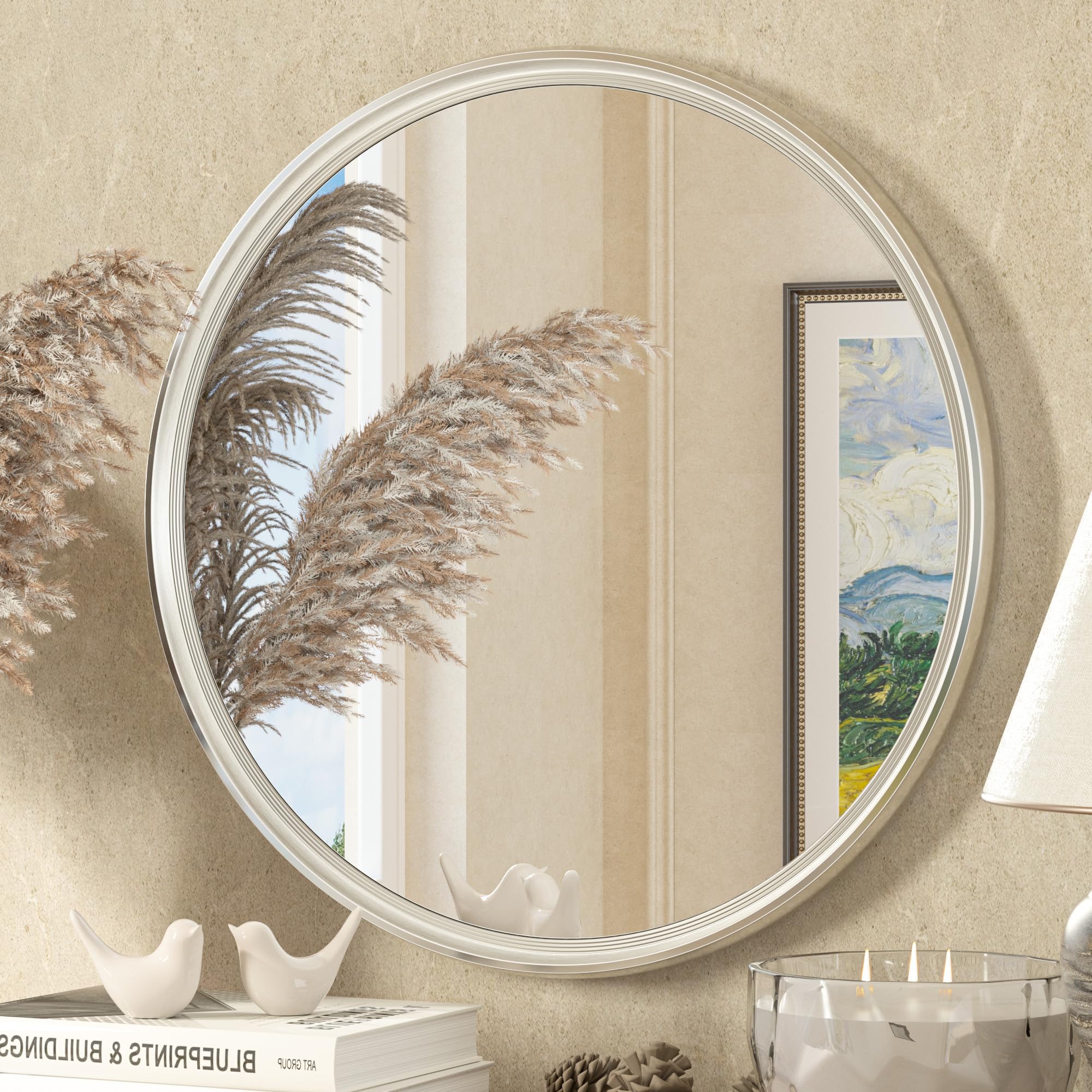 TETOTE Brushed Nickel Mirror 18 inch Round Mirror Circle Mirror Modern Mirrors for Wall Aluminum Frame Mirrors for Bathroom Sink, Wall Mirrors for Living Room, Bedroom, Vanity, Entrance