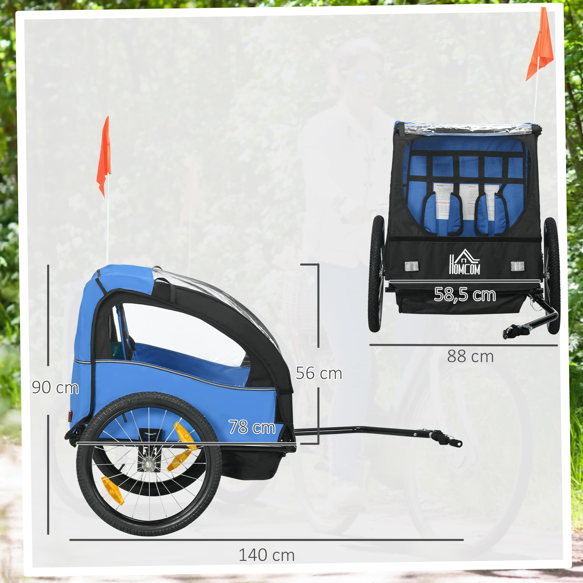 HOMCOM Remolque de Bicicleta para Niños +18 Meses Cochecito para Transporte de 2 Plazas con Cinturón de Seguridad Espacio de Almacenamiento y Sistema de Amortiguador 140x88x90 cm — view 7