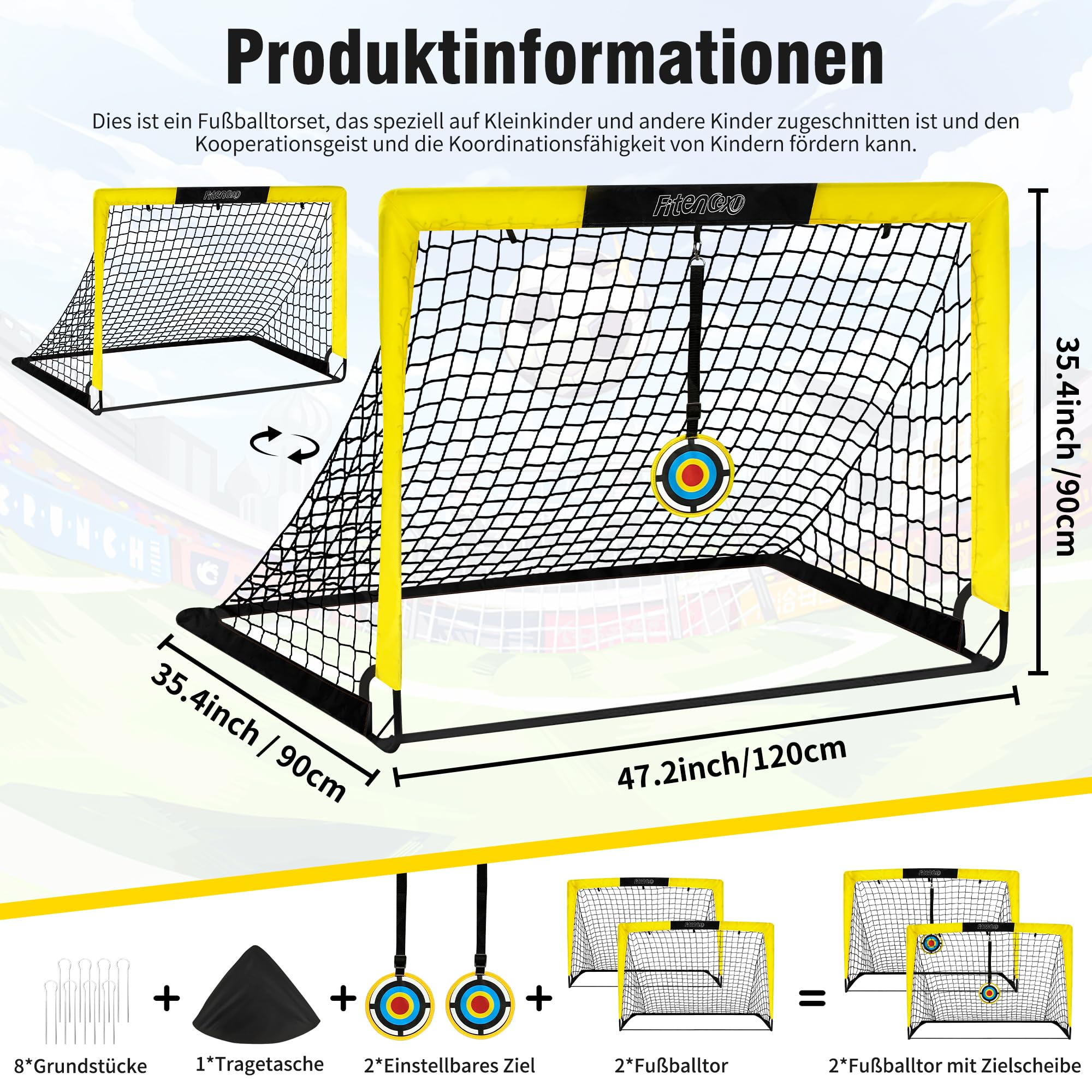 Fußballtor Kinder 2er Set - Pop up Fussballtore für Garten, Outdoor & Reisen - Faltbares Tor mit Tragetasche, 2 Bullseye & 8 U-förmigen Bodennägeln - Fußball Trainingszubehör