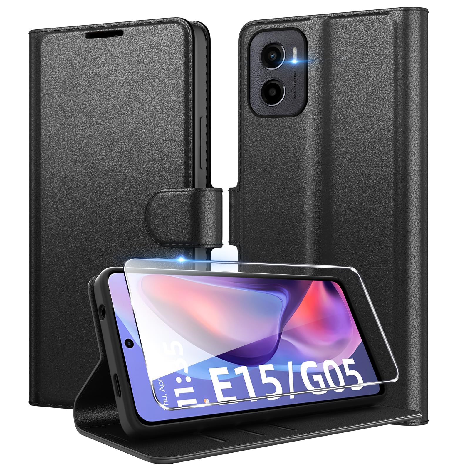 Eirltiy Cover per Motorola Moto E15 / G05 Portafoglio Pelle PU Premium, Custodia Porta Carte Antiurto Bumper Flip Case con 1 Vetro Temperato, Nero