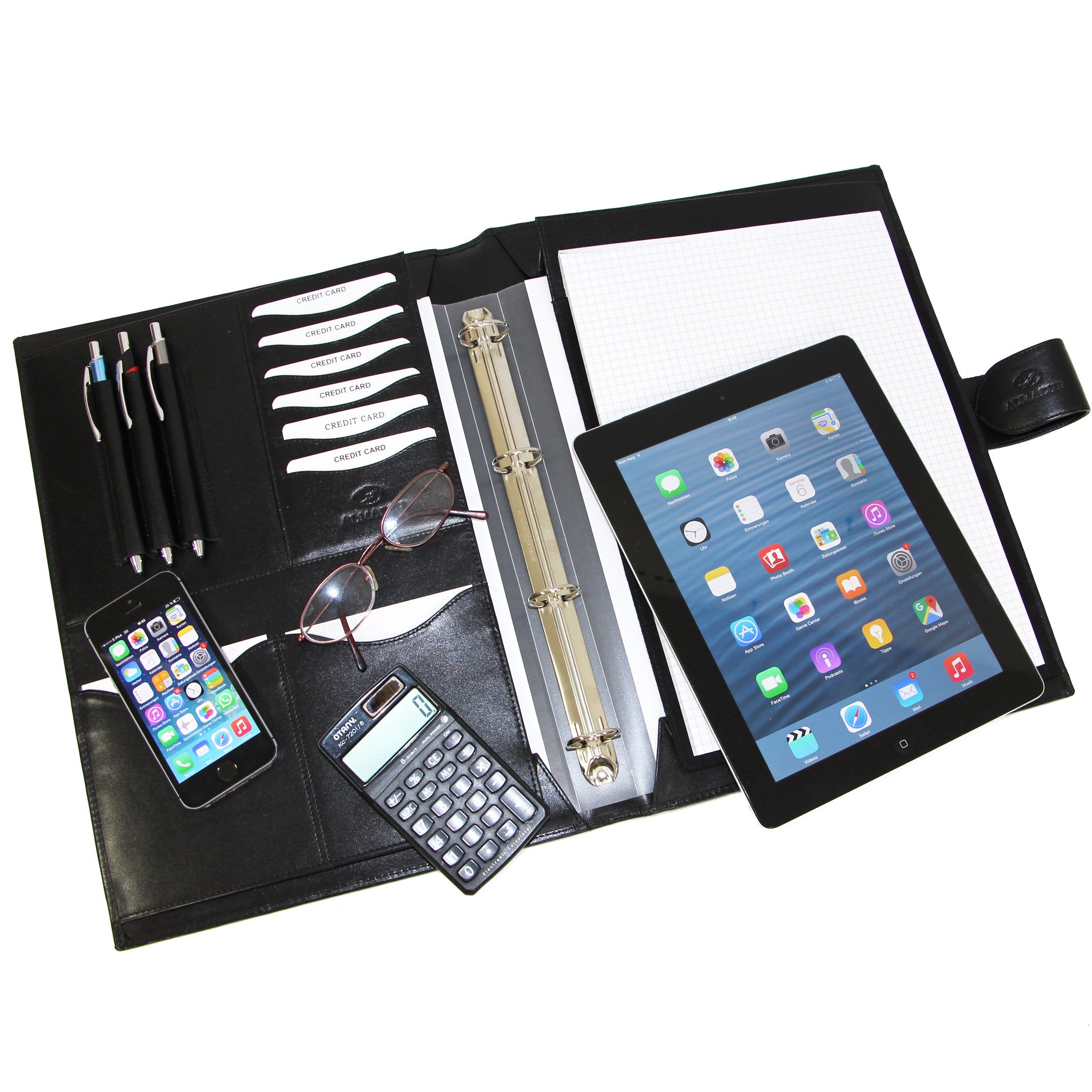 ALMADIH Agenda in pelle A4 Nero Cartella Portablocco Organizer Porta Documenti Conferenza Anelli + Block Notes Cartellina Organizzatore Carpetta