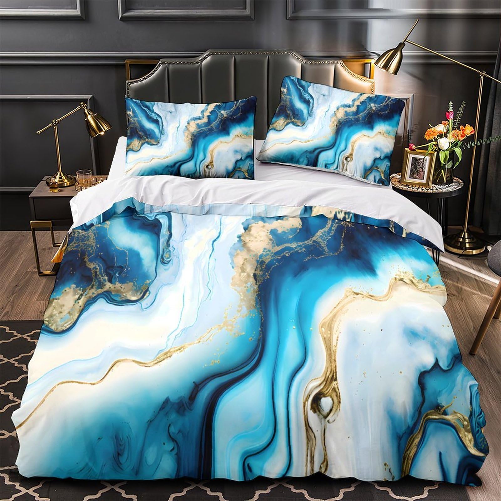 Parure de lit microfibre ginkgo bleu impression 3D double 200x200