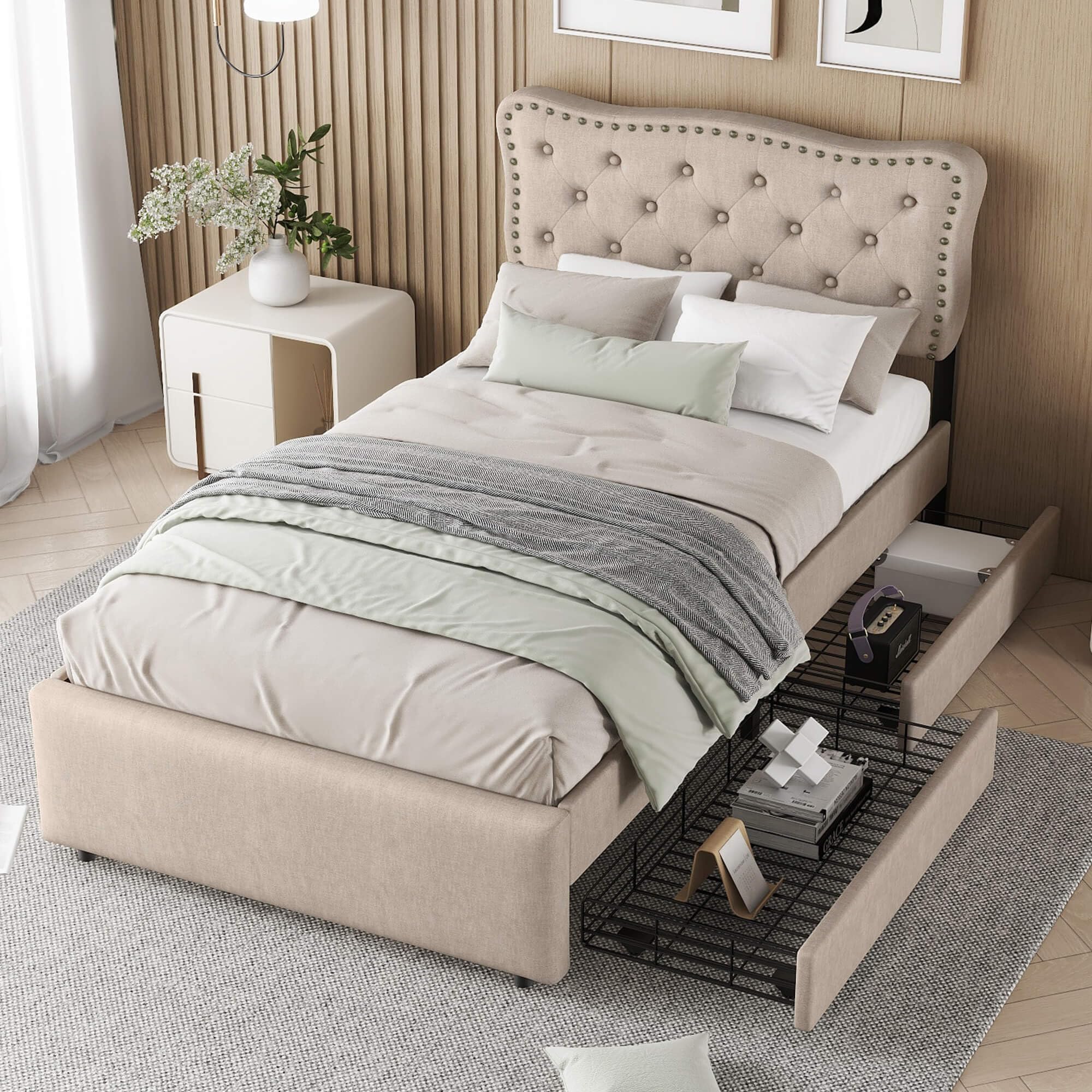Gestoffeerd bed 90 x 200 cm met 2 laden, slaapbank - teddybeerstof