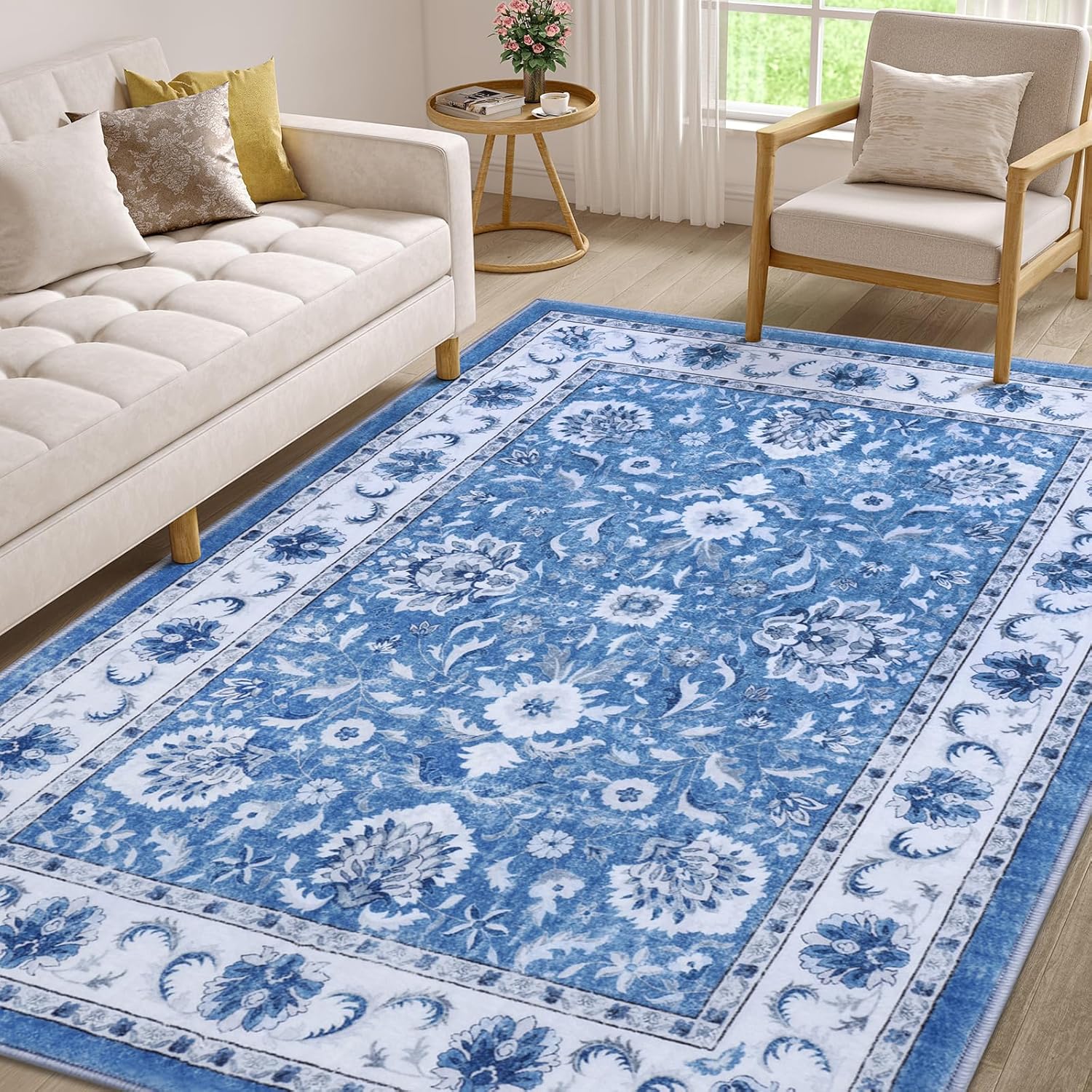 Smiry Floral Area Rug, 6x9 Feet Vintage Print Pattern, Machine Washable Non-Slip Floor Carpet, Low Pile Throw Rugs for Living Room, Bedroom, Dining Room, Laundry Indoor Home Decor, Blue 6' x 9' (Rectangular) Blue