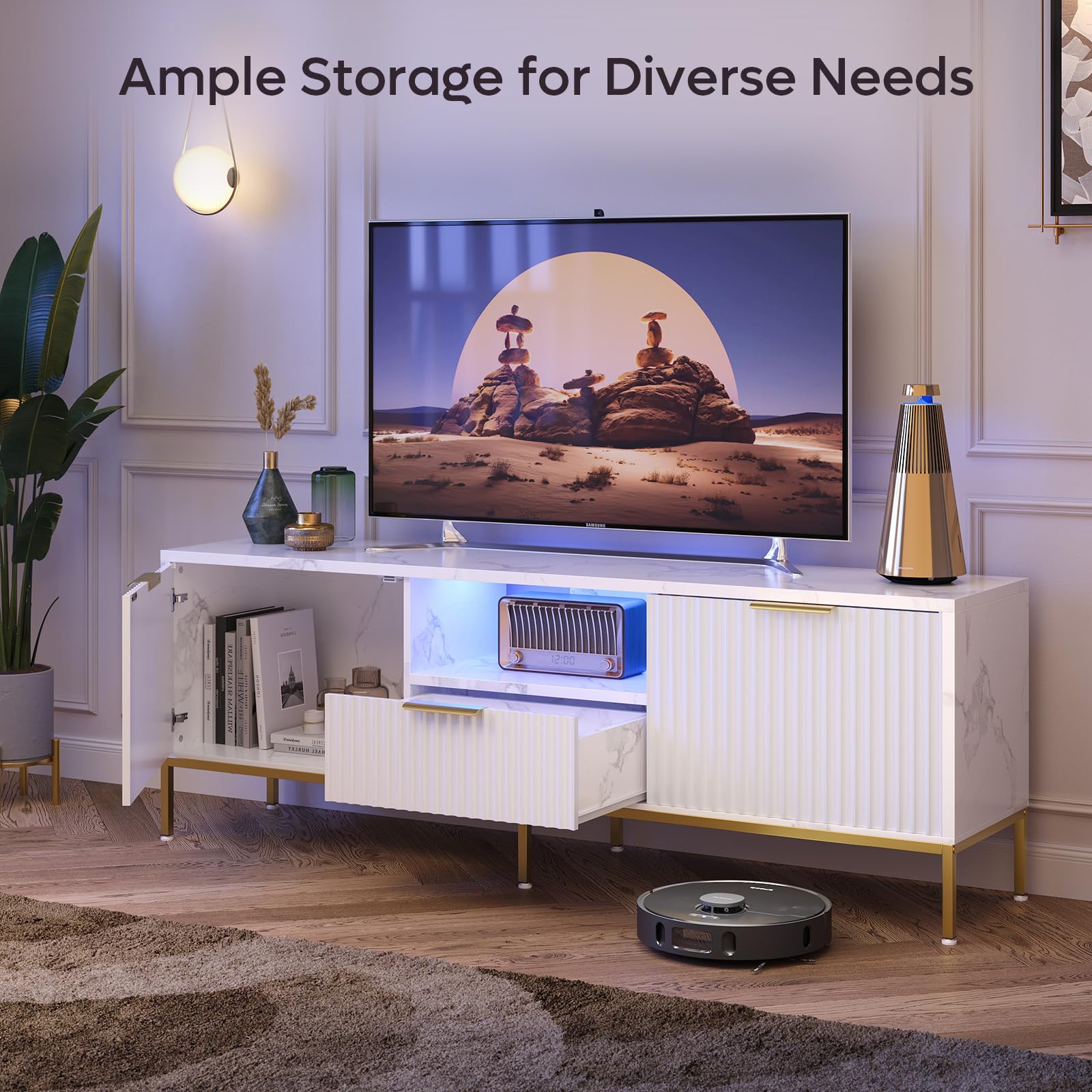 Bestier Mobile TV con superficie scanalata per TV da 32/60", moderno centro di intrattenimento con spazio di archiviazione, console multimediale con motivo ondulato per soggiorno e camera da letto