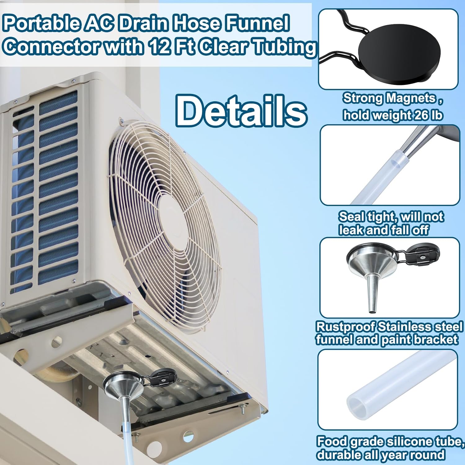 12Ft Magnetic Window Air Conditioner Drain Kit Universal Portable Air Conditioner Drain Hose Kit AC Drain Pipe Replacement Condensate Drain Hose Funnel Connector for Window AC and Mini Split Units