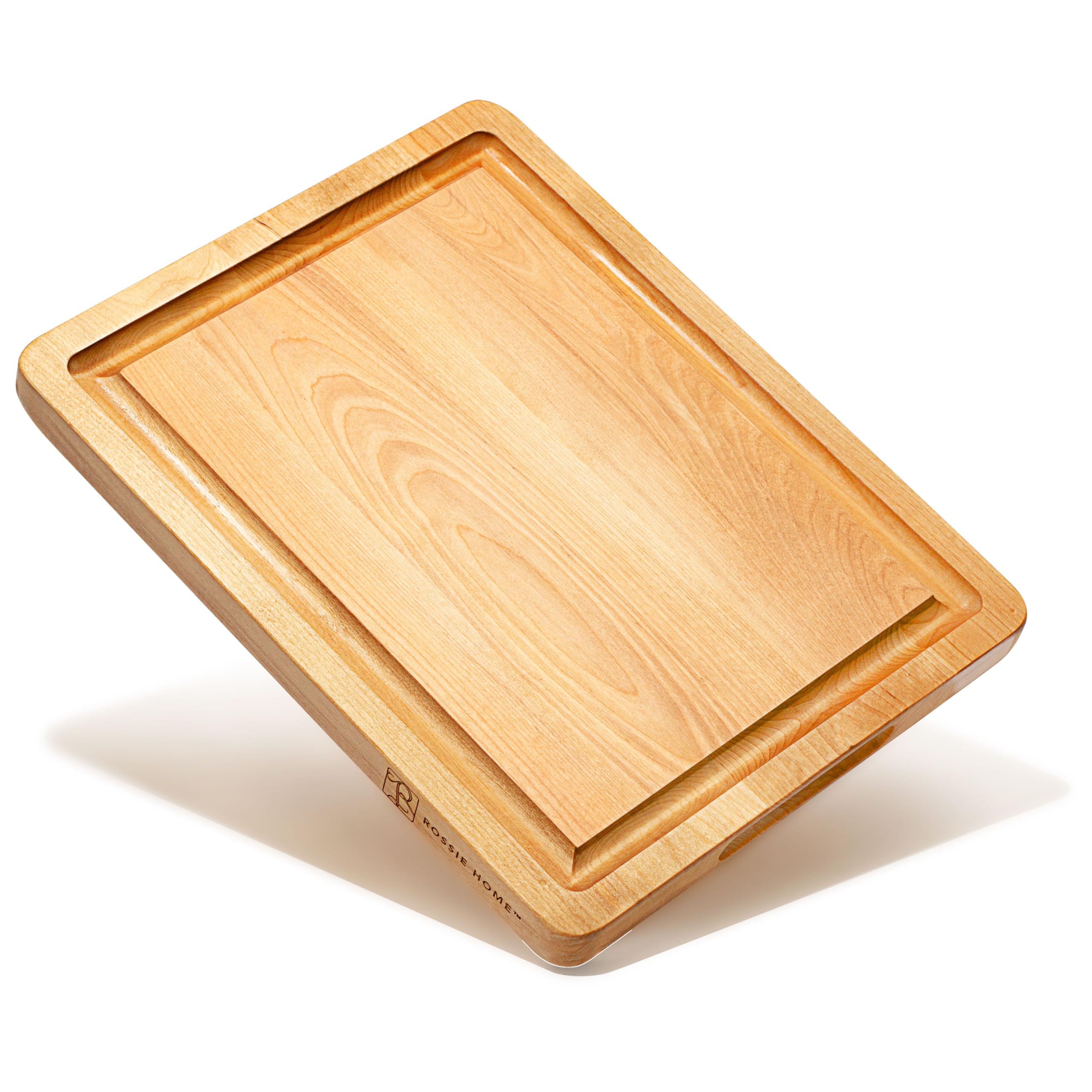 ROSSIE HOME Tabla de cortar de madera, resistente, preengrasada, reversible, con ranura para jugo y asas de transporte para cocina, arce rubio, 14 x 11 pulgadas