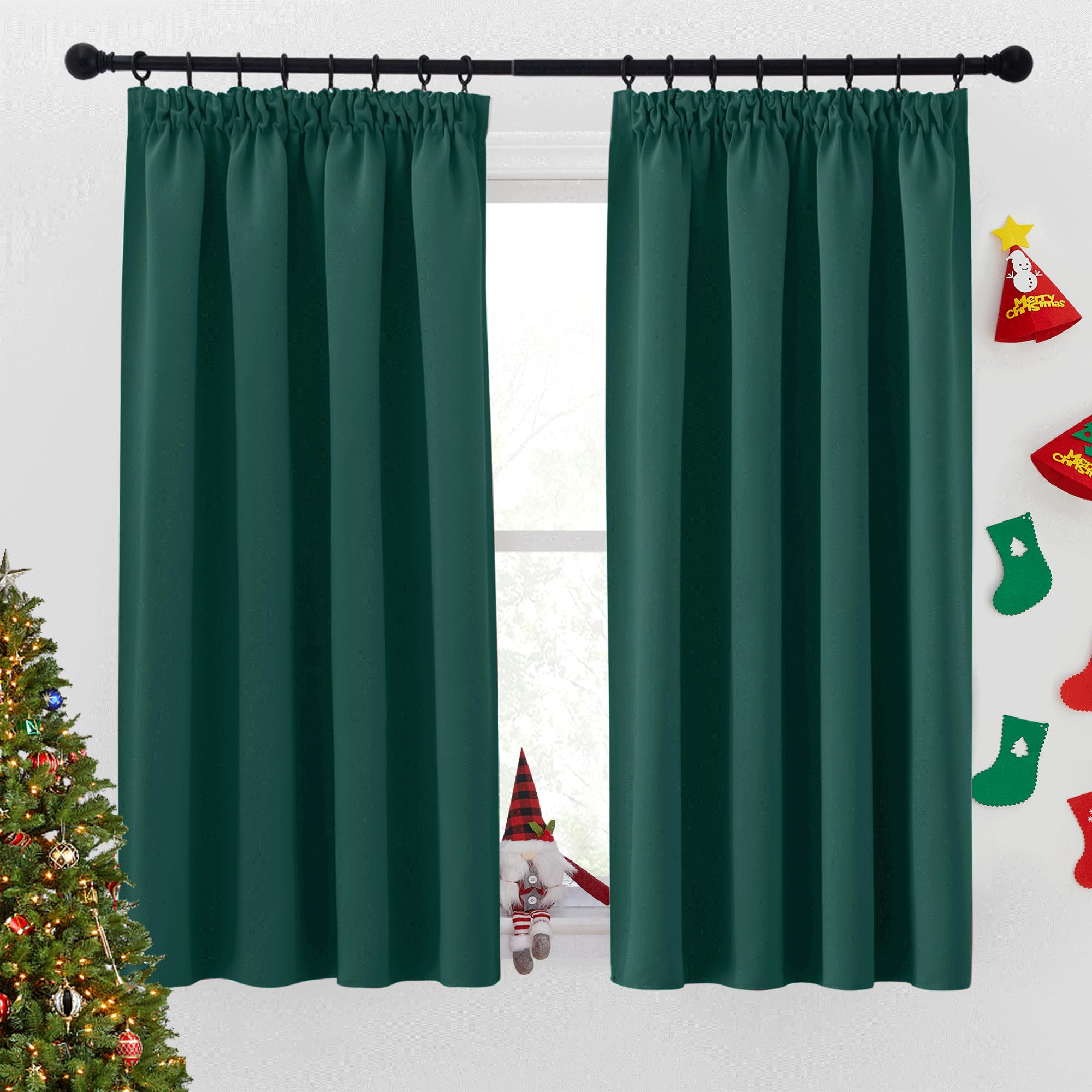 PONY DANCE Tende Termiche Isolanti per Interni Tenda Camera da Letto Tende Soggiorno Tende Oscuranti con Fettuccia Tende Cameretta Bambini 2 Pezzi 140x160 CM, Verde Scuro