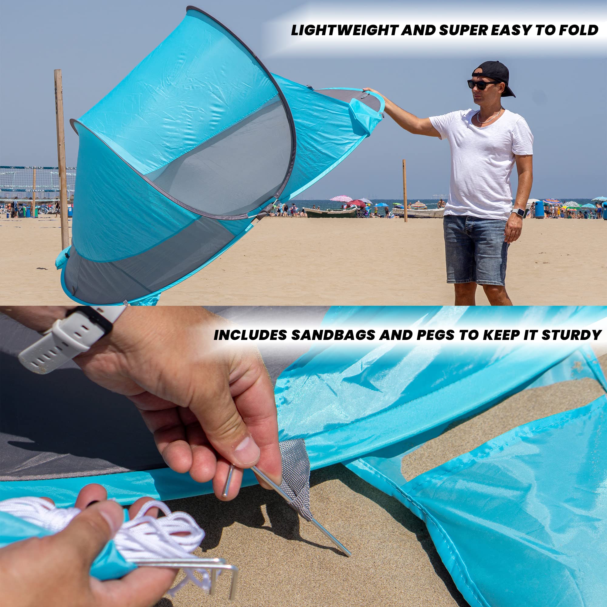 Zento Deals Duży namiot plażowy Instant Pop Up – 3–4 osoby, ochrona przed promieniowaniem UV, namiot z torbą do przenoszenia, do aktywności na świeżym powietrzu, łatwy montaż, wiatroszczelny, wodoodporny baldachim plażowy, kabana