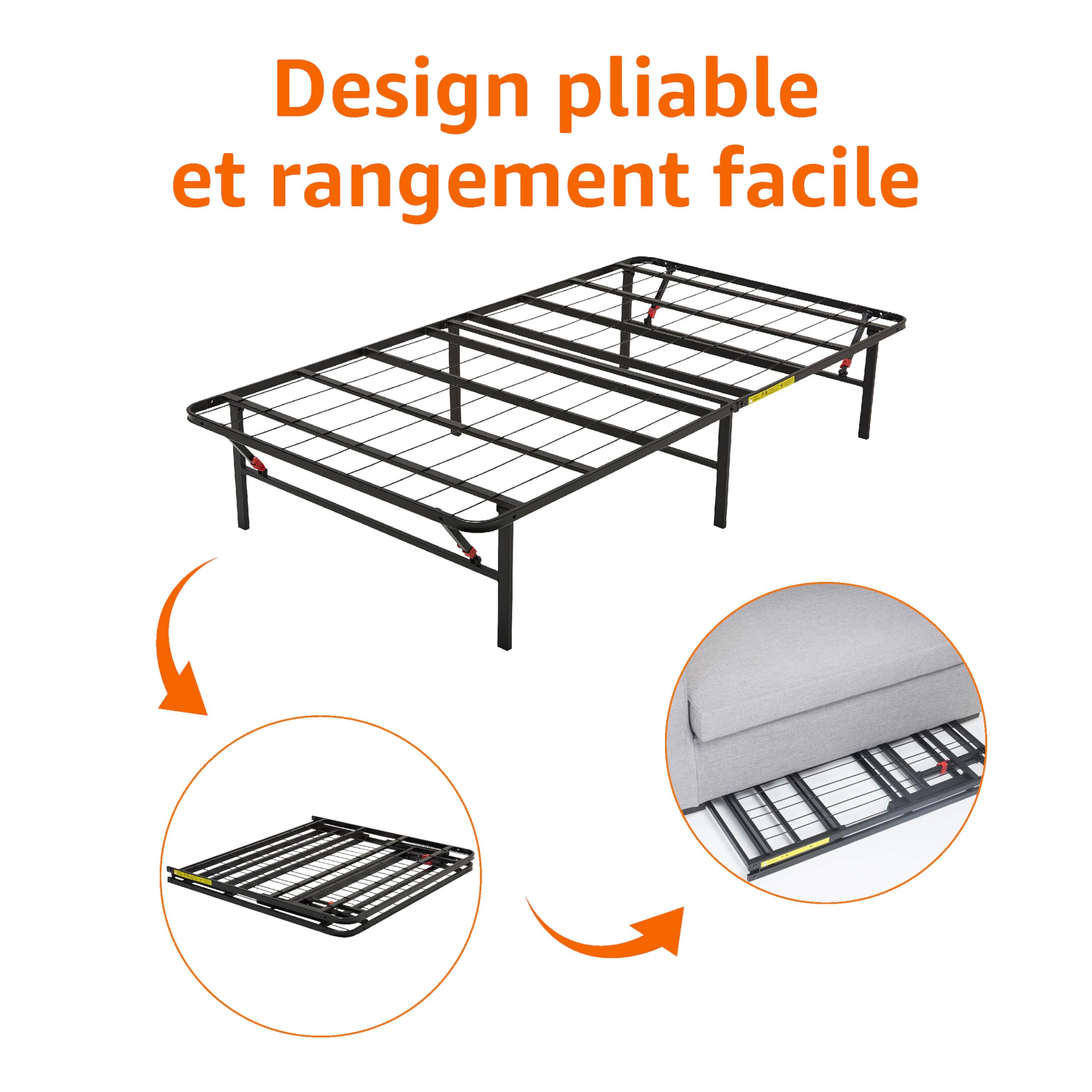 Amazon Basics Cadre de lit pliable - Montage sans outil - Rangement sous le lit , Lit simple, 90 x 190 x 35.5 cm, Noir