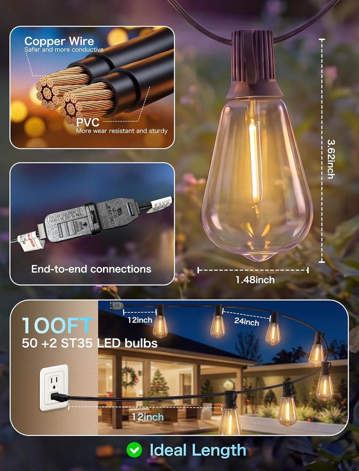 100FT LED Outdoor String Lights, Patio Lights with 50 Shatterproof ST35 LED Vintage Edison Bulbs Connectable LED String Lights, Waterproof Outdoor Hanging Lights for Backyard Garden
