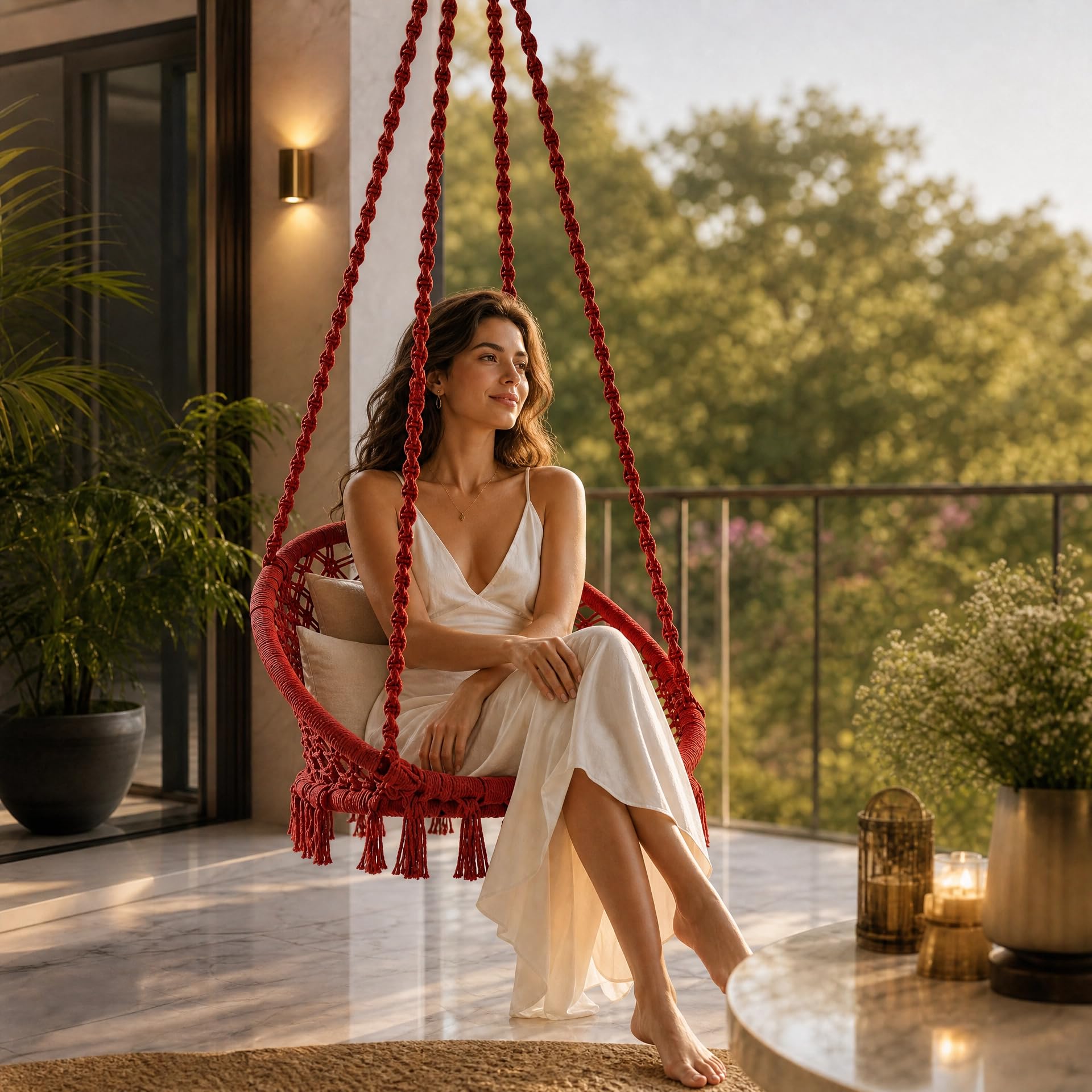 LABONYA Cotton Hammock Chair Swing for Home and Balcony | Black |100kg Capacity | Jhula for Adults for Home and Living Room | Indoor Outdoor Hanging Swing Chair | Macrame Design. (Red)-image-26