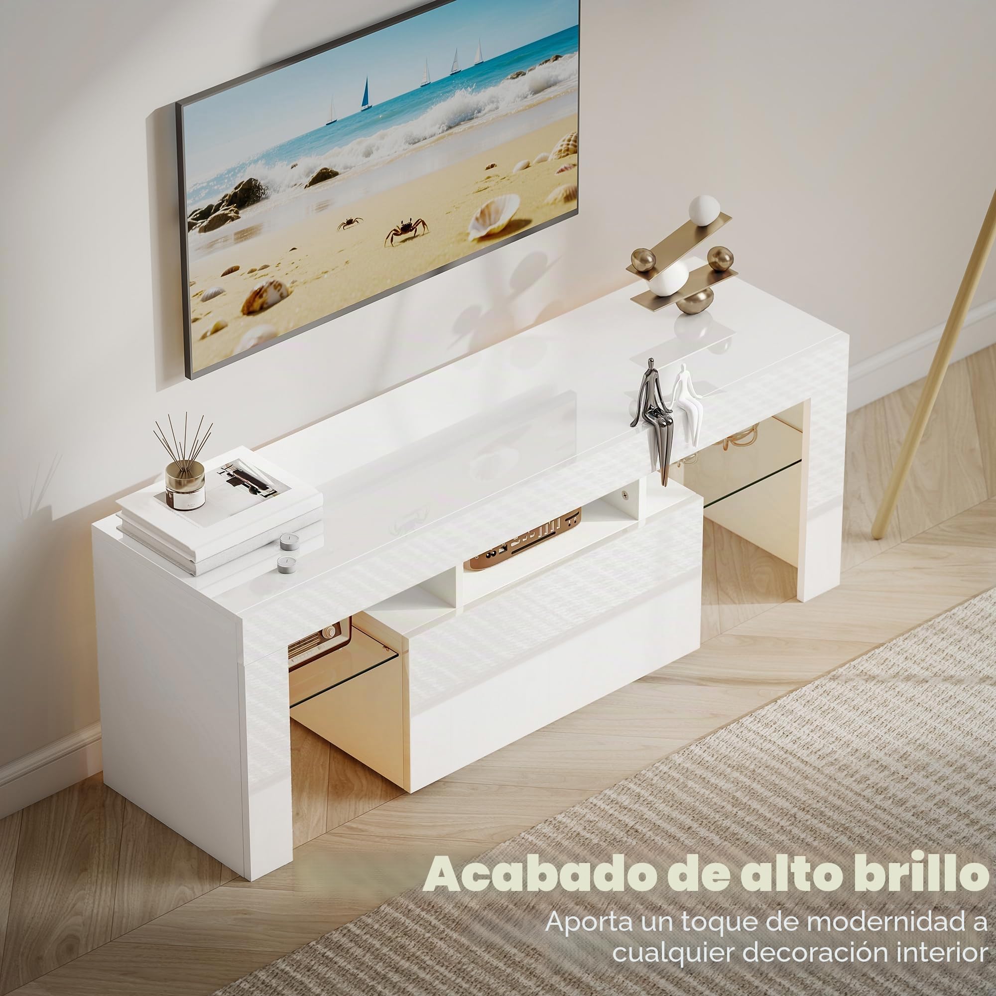 HOMCOM Mueble TV 120 cm con iluminación LED RGB, alto brillo, mueble de TV para hasta 43-50 pulgadas, estantes de cristal templado y armario abatible, banco de TV para sala de estar, dormitorio
