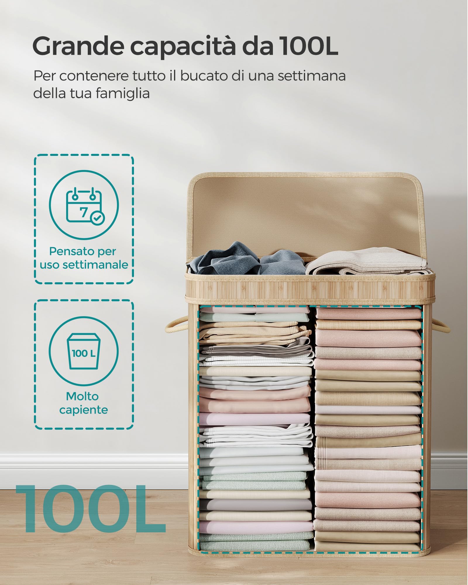 SONGMICS Cesto portabiancheria con coperchio, 100 l, in bambù, rimovibile e lavabile in lavatrice, con manici, per lavanderia, camera da letto, bagno, colore: naturale LCB063N01