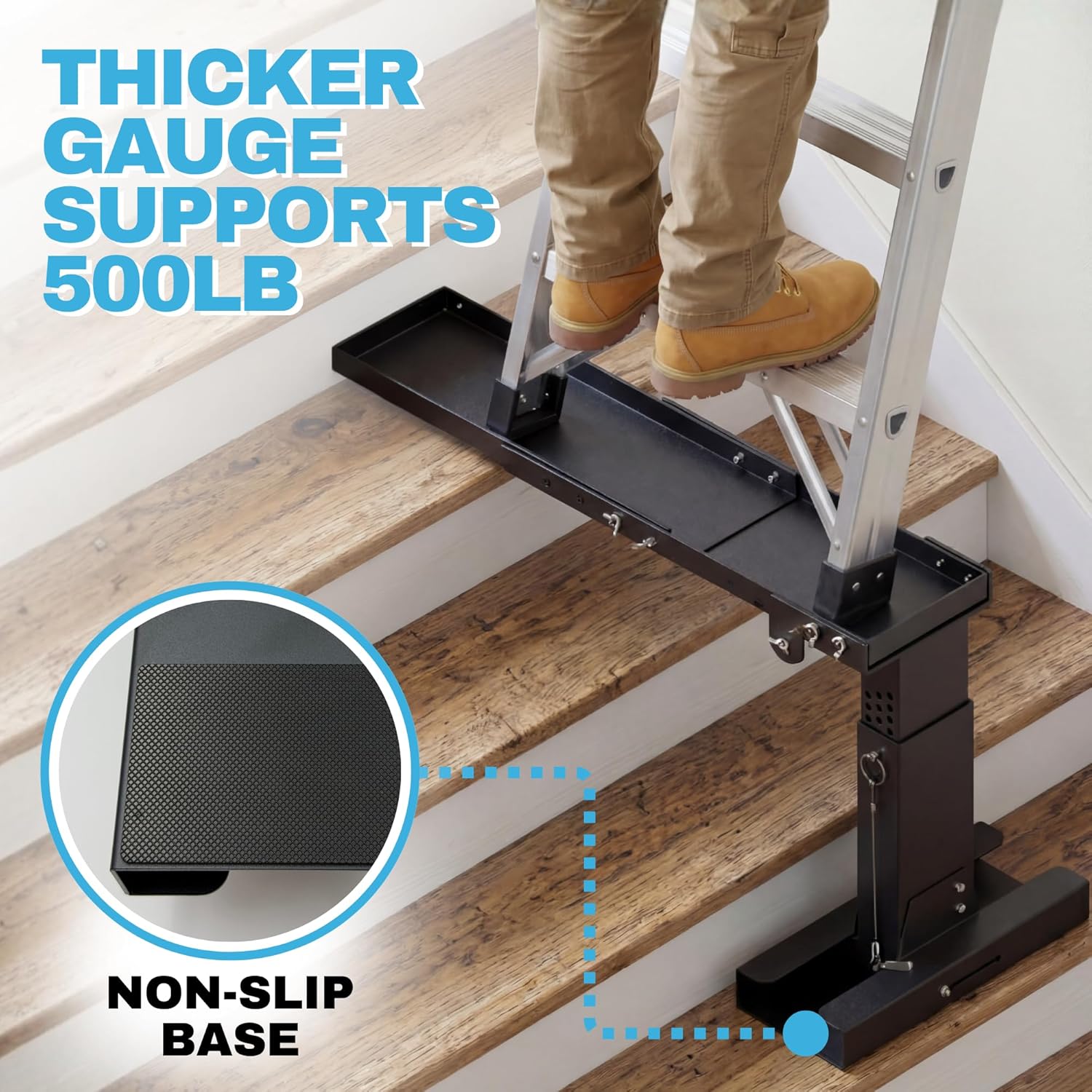 Foldable Ladder Leveler for Stairs, 11"–18.5" Adjustable Height, Carbon Steel Foldable Stabilizer, Fits Extension, Straight & Telescoping Ladders, Tool-Free Pin Lock, Non-Slip Rubber Base, 500lb Cap