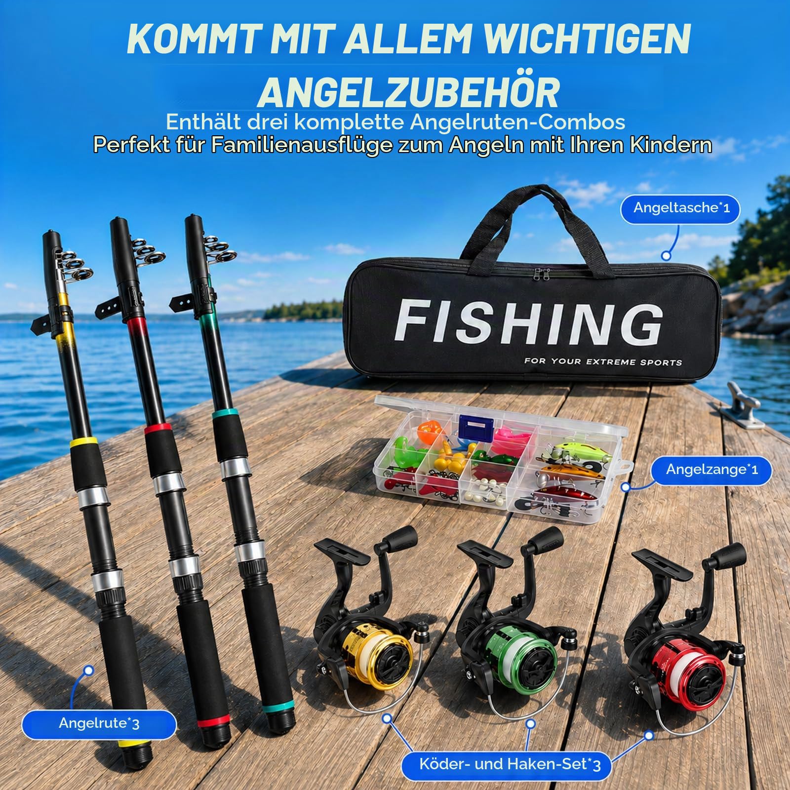 Angelset für Kinder, 3 Stück 1,8m Kinderangel Starter Set mit Kohlefaser Teleskop Angelruten, 5.2:1 Spinnrolle, Köder & Tragetasche, Angelset Komplett Anfänger für Kinders Jungen Mädchen