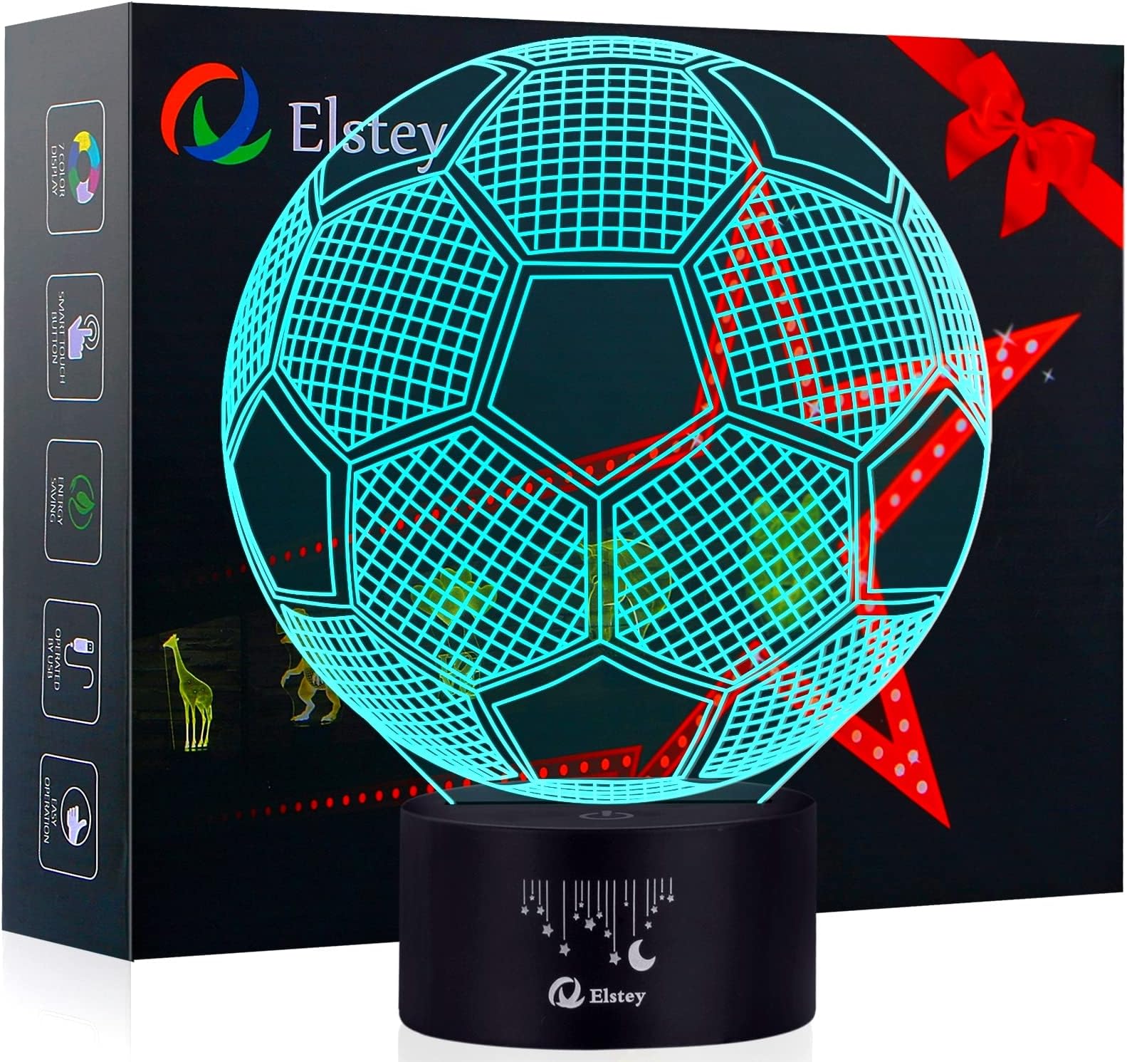 Elstey Soccer 3D LED Night Light Touch Table Desk Optical Illusion Lamps, 7 Color Changing Lights with Acrylic Flat & ABS Base & USB Charger