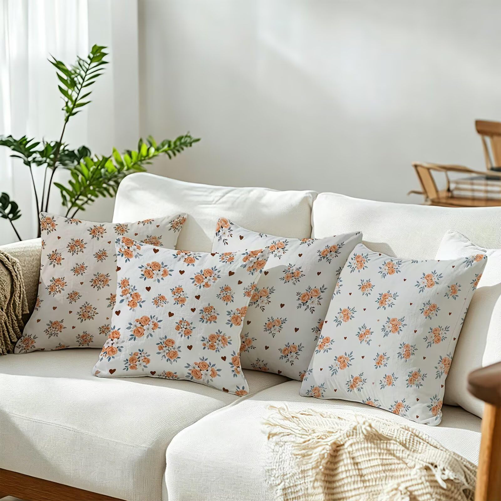 Beige Federe Cuscini Divano 75x75cm, Cuscini da Esterno Set de 4, Cod-95 | Lin Copricuscini Decorativi Letto Arredo, per Letto, Soggiorno, Giardino, Esterno, Casa Decorazione Set di 4 Pianta
