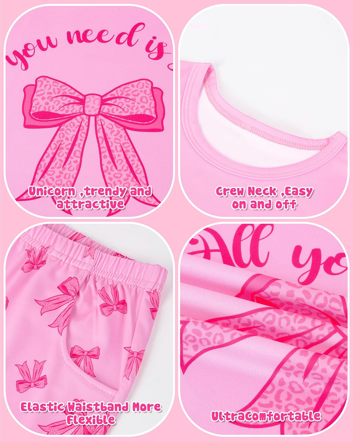 Sylfairy Girls Pajamas Sets Short Sleeve Summer Pjs for Girls Bow Sleepwear Kids Clothes Sets Size 3-16