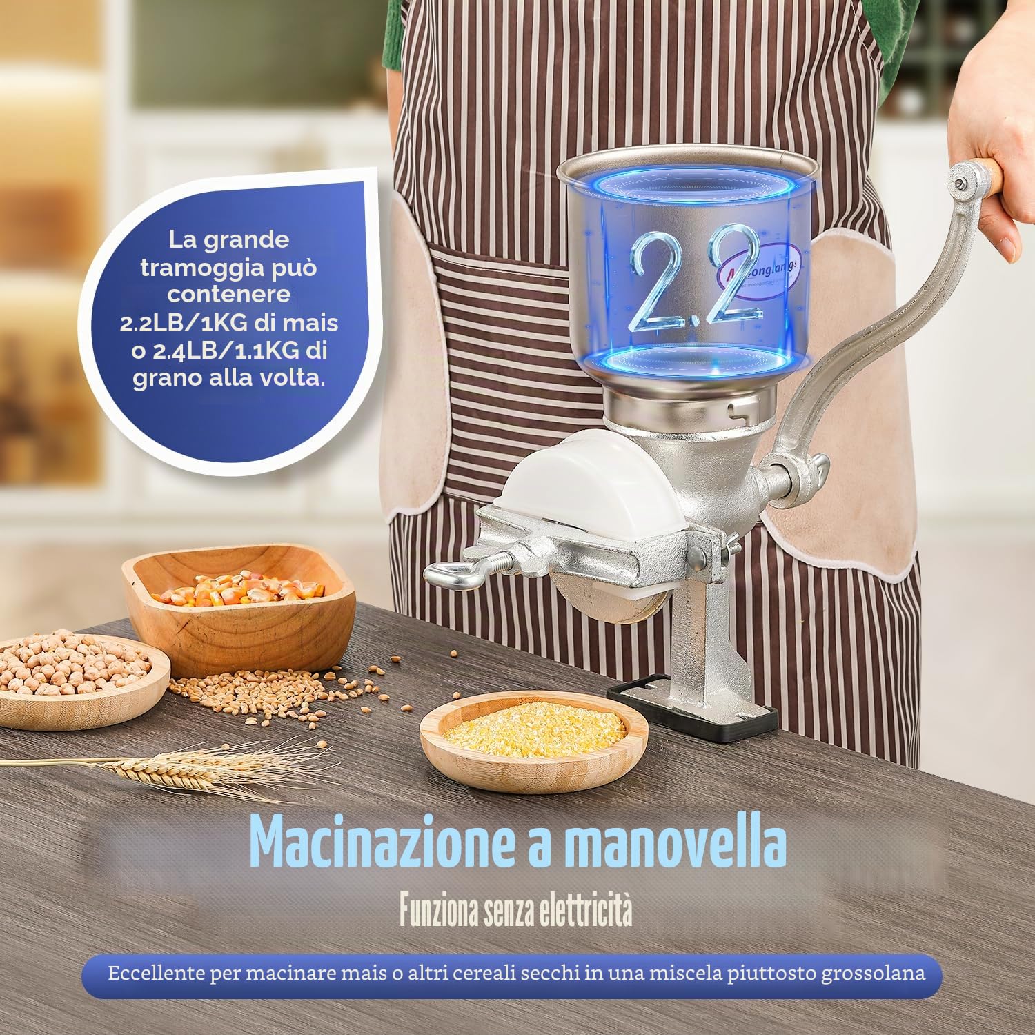Moongiantgo Mulino Manuale per Cereali con Tramoggia Grande da 13cm & Morsetto da Tavolo da 4cm, Finezza di Macinatura Regolabile, Macina a Mano in Ghisa, per Noci, Caffè, Semi, Mais, Spezie