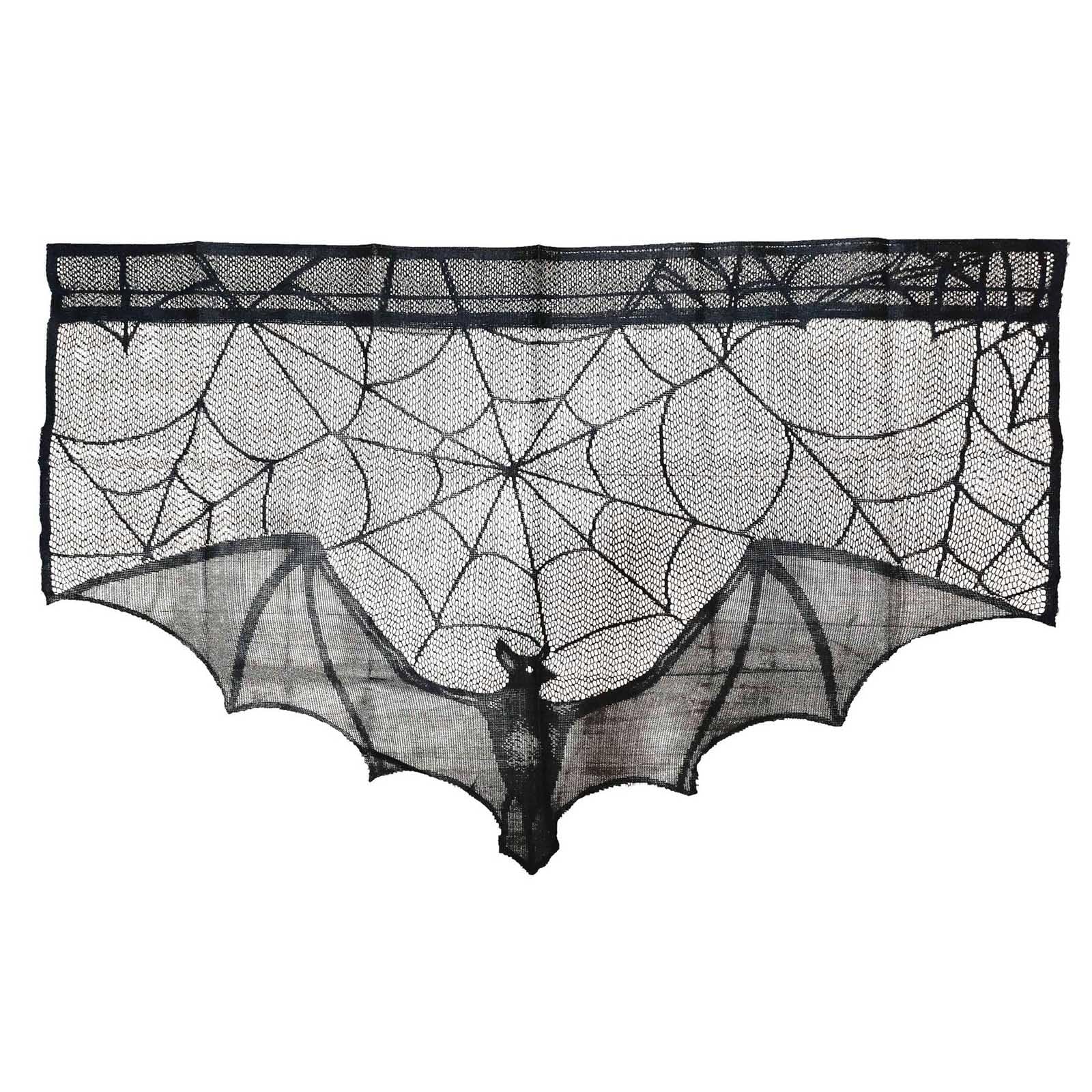 Kalttoy Black Halloween Themed Lace Mantel Overlay With Spiders Webs And Bat Fireplaces Scarf For Home Setting Halloween Fireplaces Scarf