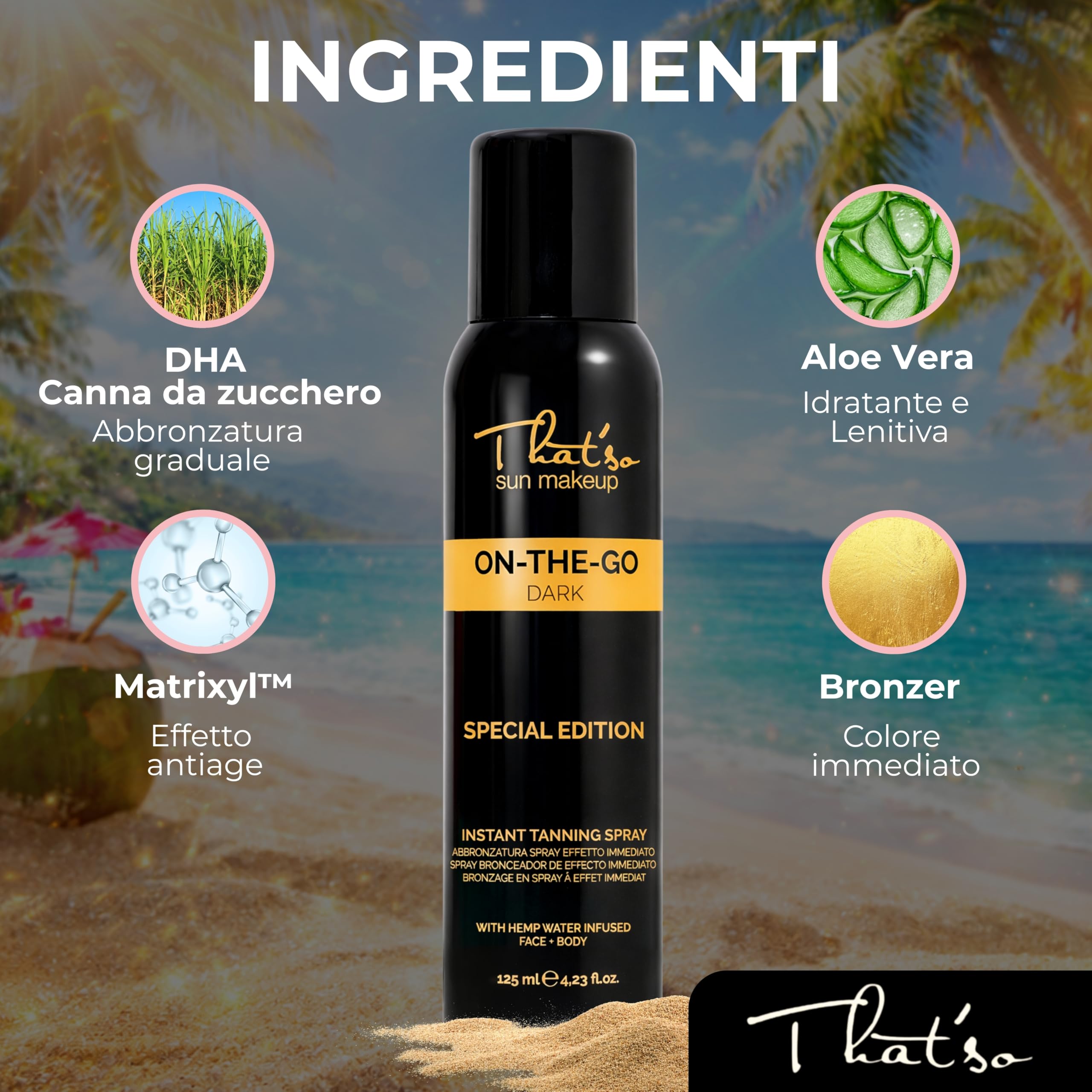 That'So On The Go Dark Spray Autoabbronzante Viso e Corpo 125ml Abbronzatura Istantanea Naturale Bronzea Pigmento Naturale Bronzo Dorato Formula Anti-Aging e Aloe Vera Migliora Elasticità della Pelle