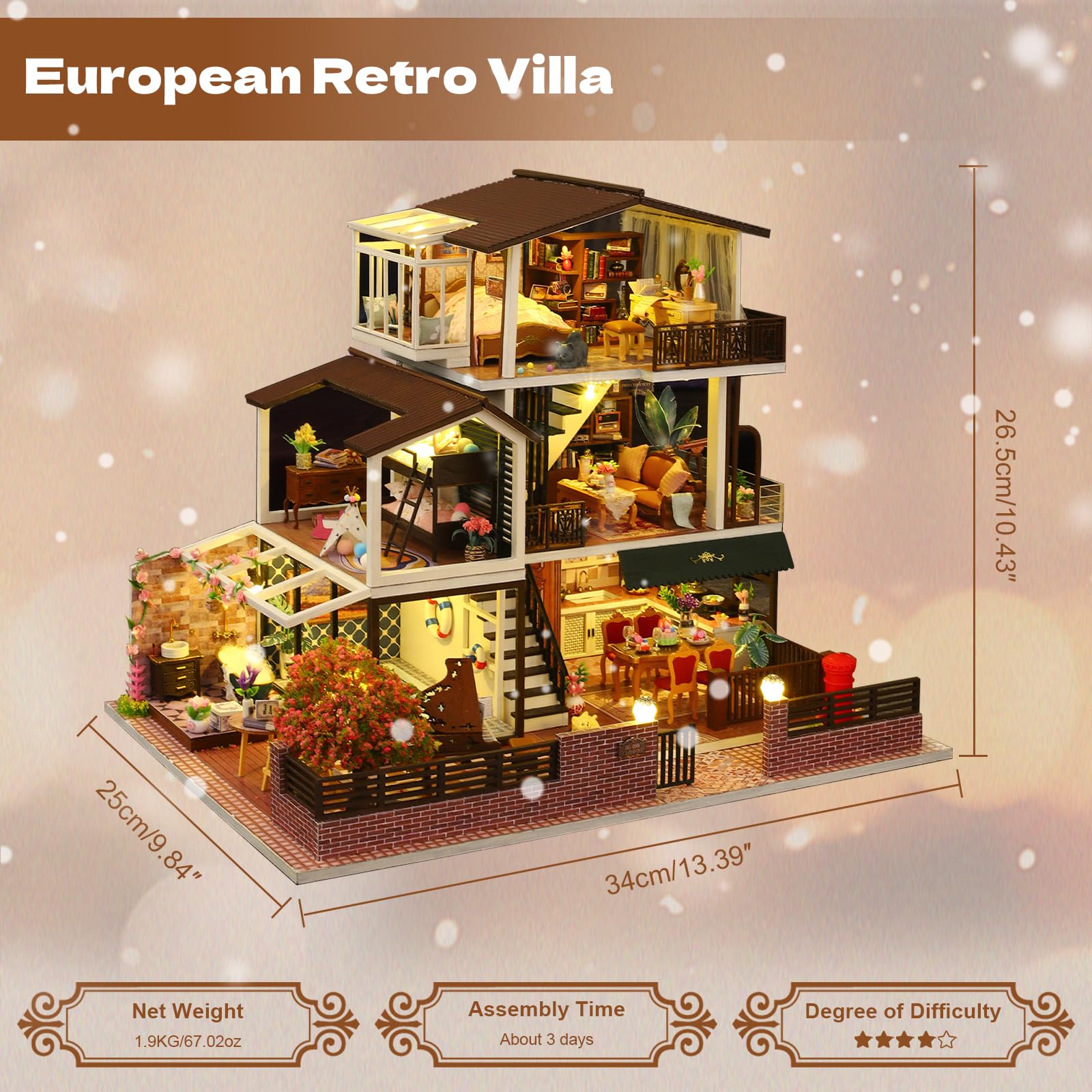 Hallisun DIY Miniature House Kit, Tiny 3D Wooden European Retro Villa, Mini Dollhouse Building Kit with Dustproof Cover & Music Movement, Creative House Craft for Adults, Gift for Family and Friends