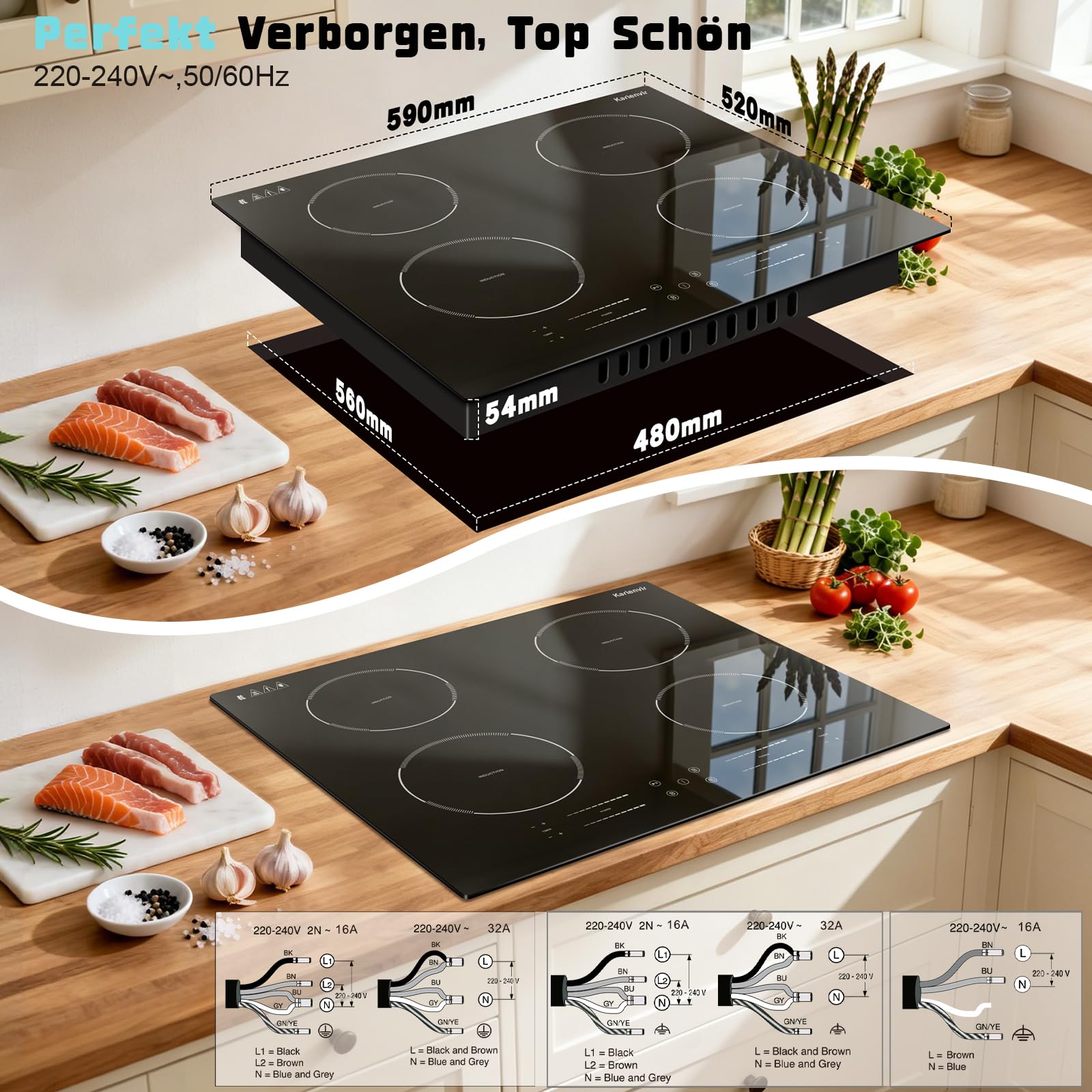 Induktionskochfeld 60cm Leistung Boost, Kochfeld Induktion 4 Platten, 7200W | 9 Leistungsstufen, Zonierte Touch-Bedienung, Timer 1-99 Min, Kindersicherung, Autarkes Einbau Induktionsherd