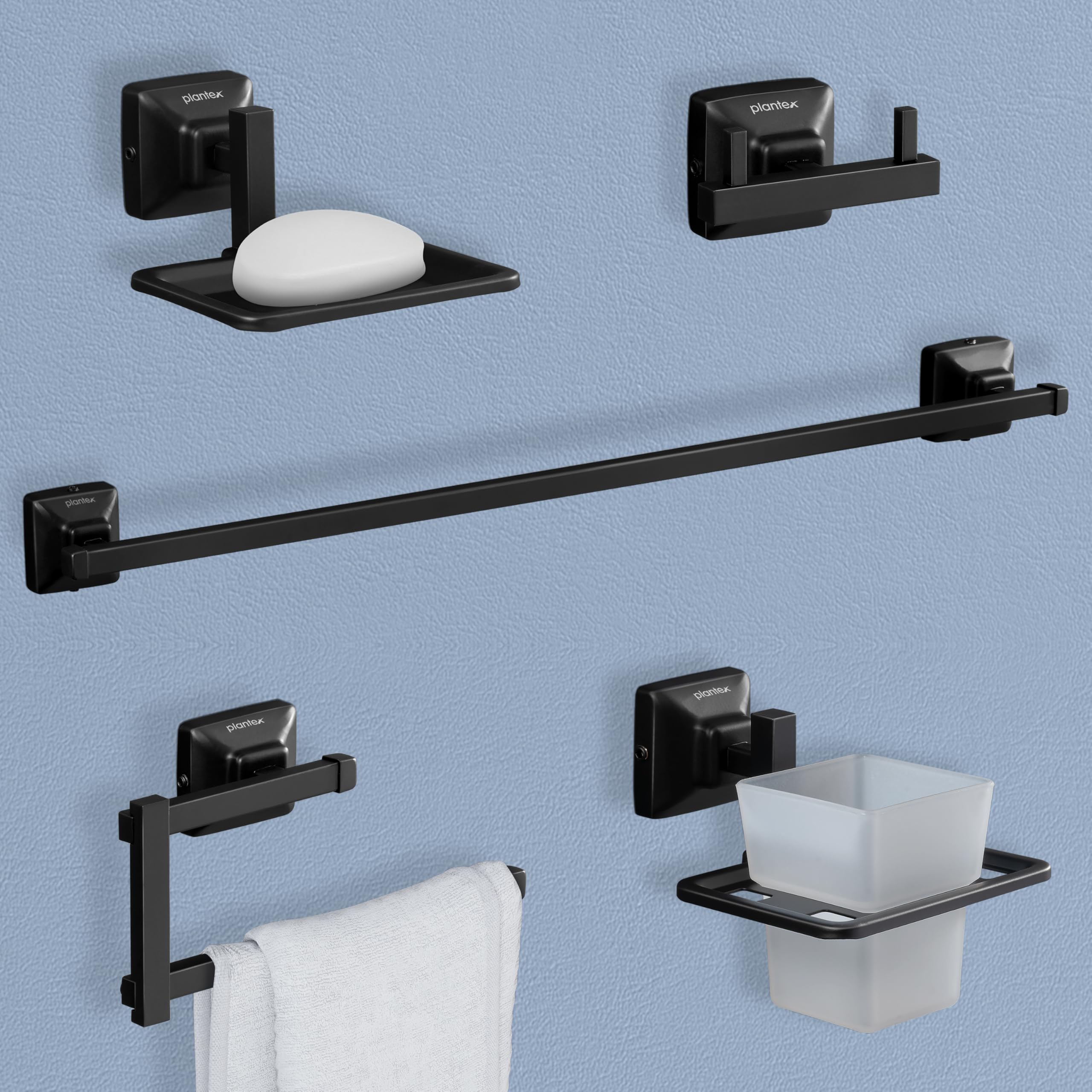 Plantex 304 Grade Stainless Steel Bathroom Accessories Set of 5 - Towel Rod/Hand Napkin Hanger for Wash Basin/Soap Case/Toothbrush Holder/Robe Hook - Squaro (Black)-picture-12