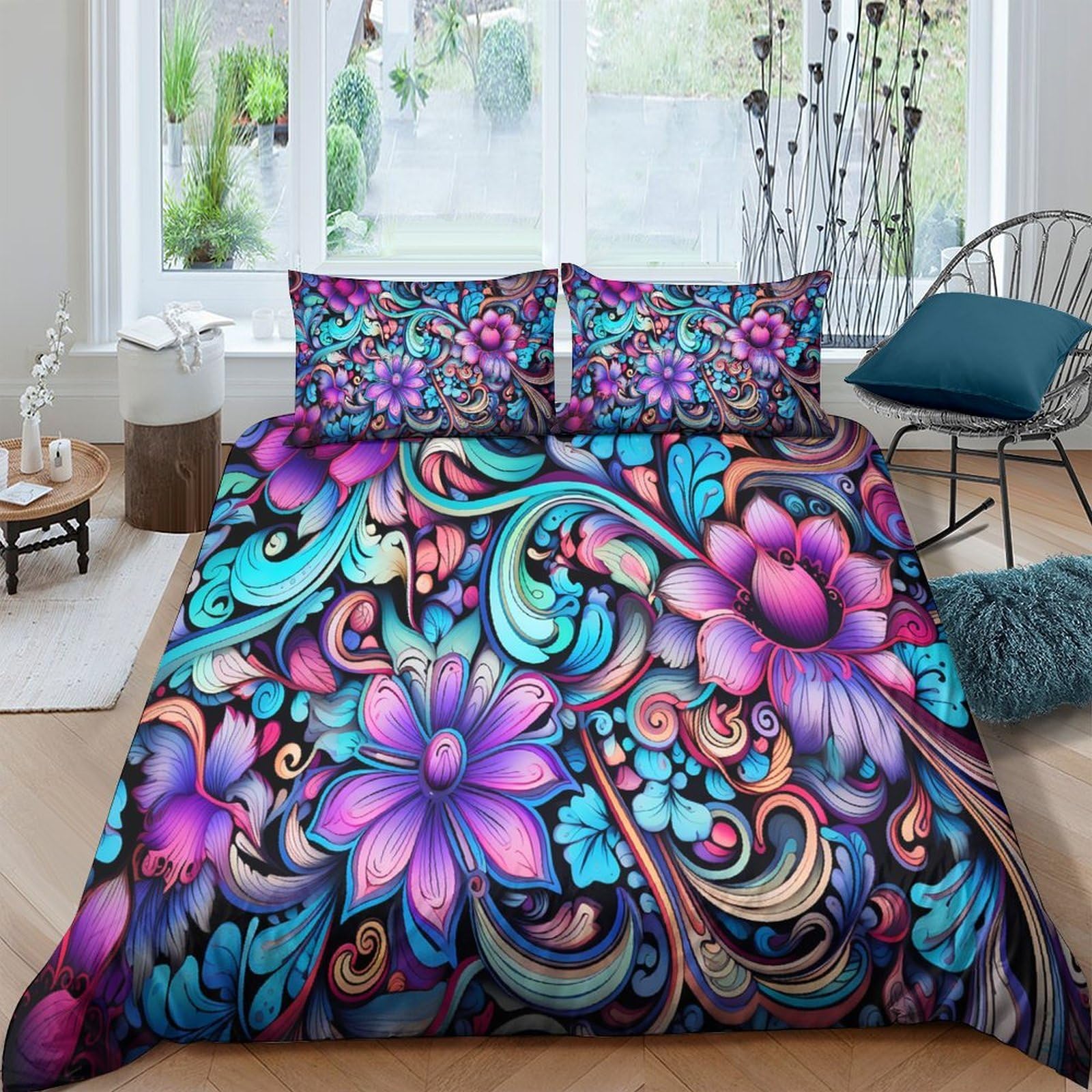 Ctjqhvkz Style-2 3D Printed Floral Fantasy Fitted Sheet Microfiber Vibrant Swirl Mattress Cover Purple Blue For Bedroom Guest Room Decor Single（135X200cm）