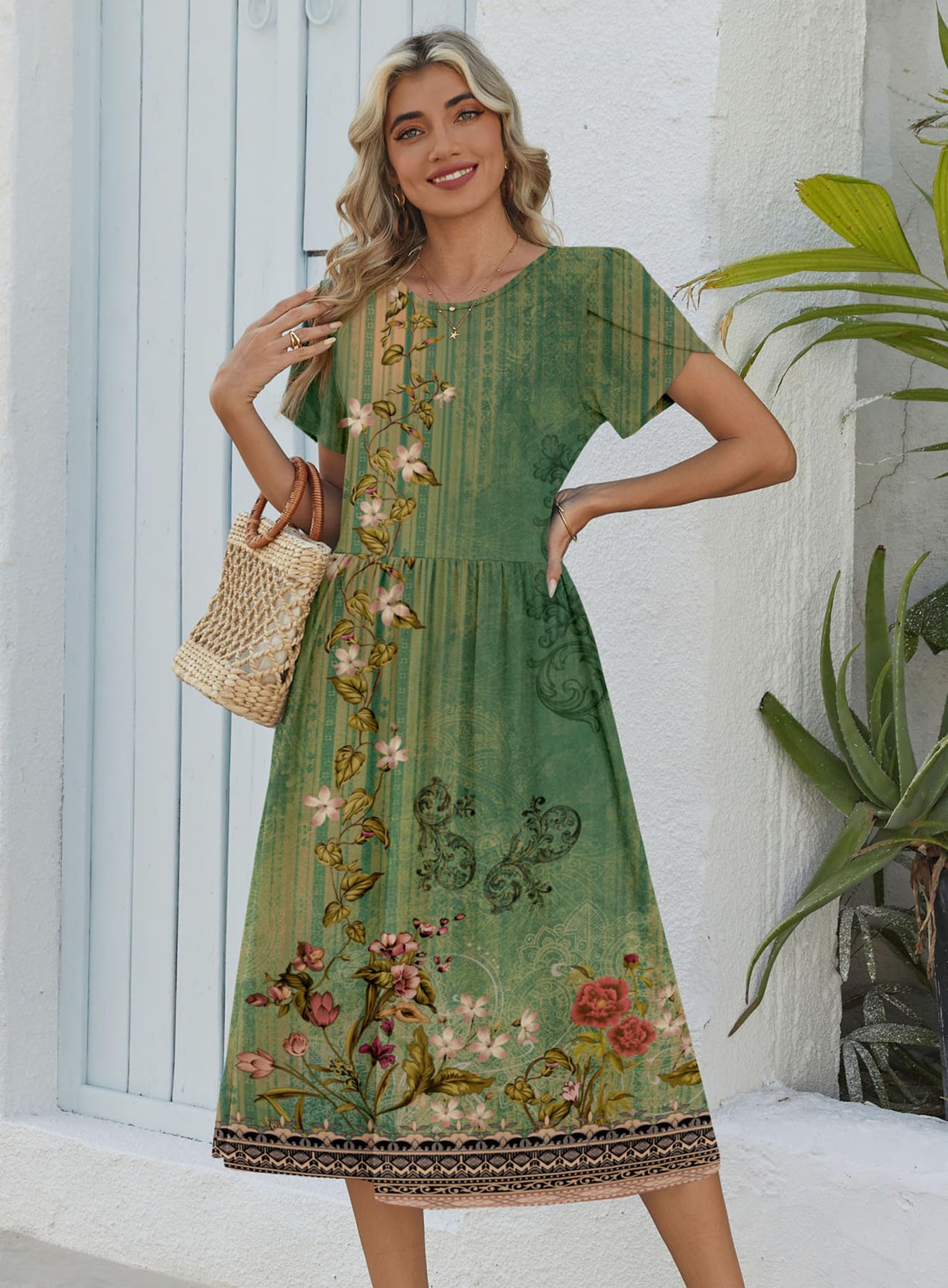 Zeagoo Vestido de verano de manga corta para mujer, con bolsillos, casual, acampanado, holgado, vestido de camiseta floral, vestido de playa