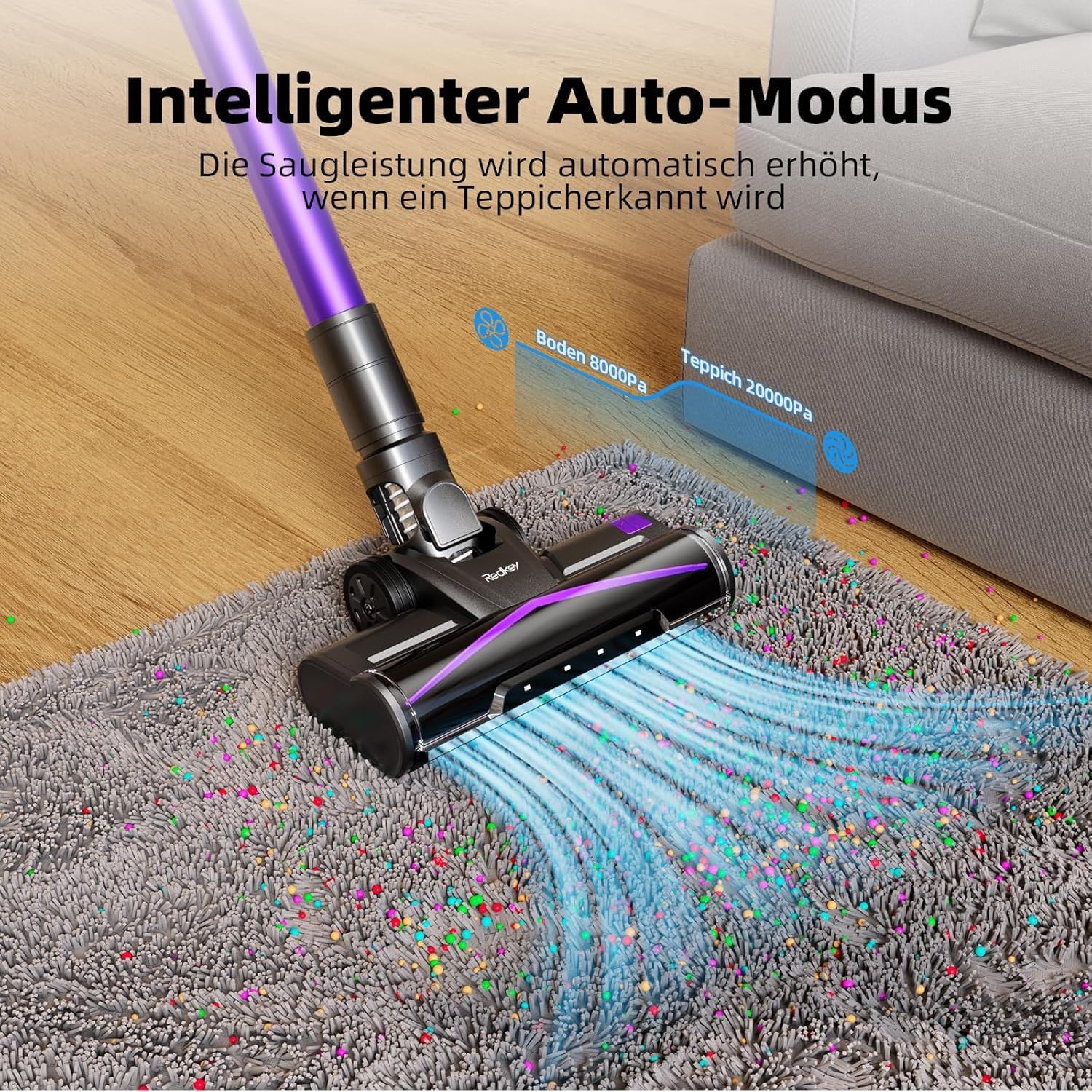 Redkey X18 Akku Staubsauger 60KPa/650W/80Mins, 8-in-1 Anti-Tangle Staubsauger Kabellos mit Display, LED-Bürste, Intelligenter Automatikmodus, für Tierhaare/Teppiche/Hartböden/Auto