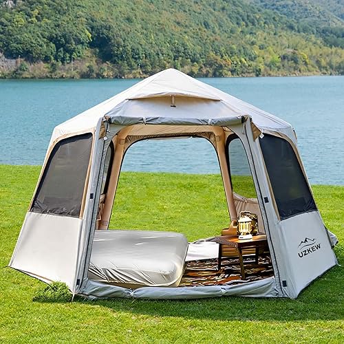 Tienda de campaña inflable hexagonal, para 1 a 4 personas, 2 puertas y 4 ventanas de malla, configuración rápida, tienda de campaña de aire